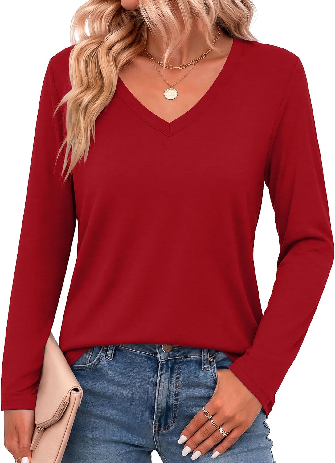 Detalle de Zeagoo Women's Long-Sleeve V-Neck Top, Breathable Fabric, Solid or Printed