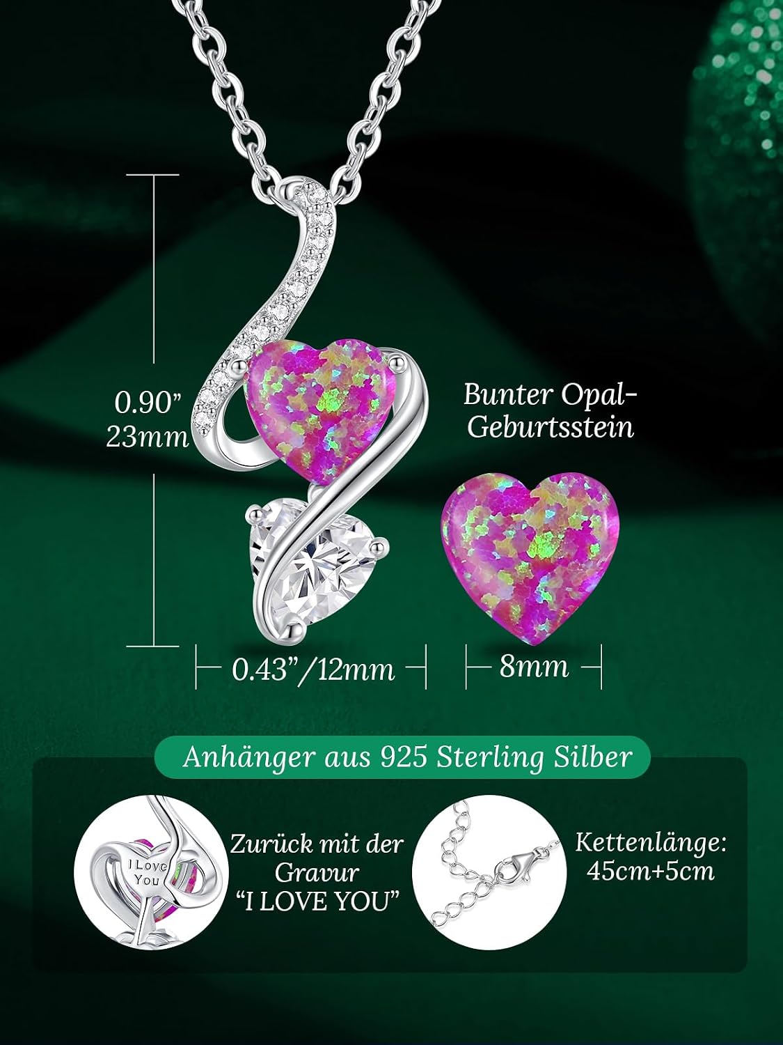 Detalle 1 de LOUISA SECRET Opal Doppelherz Halskette 45+5 cm