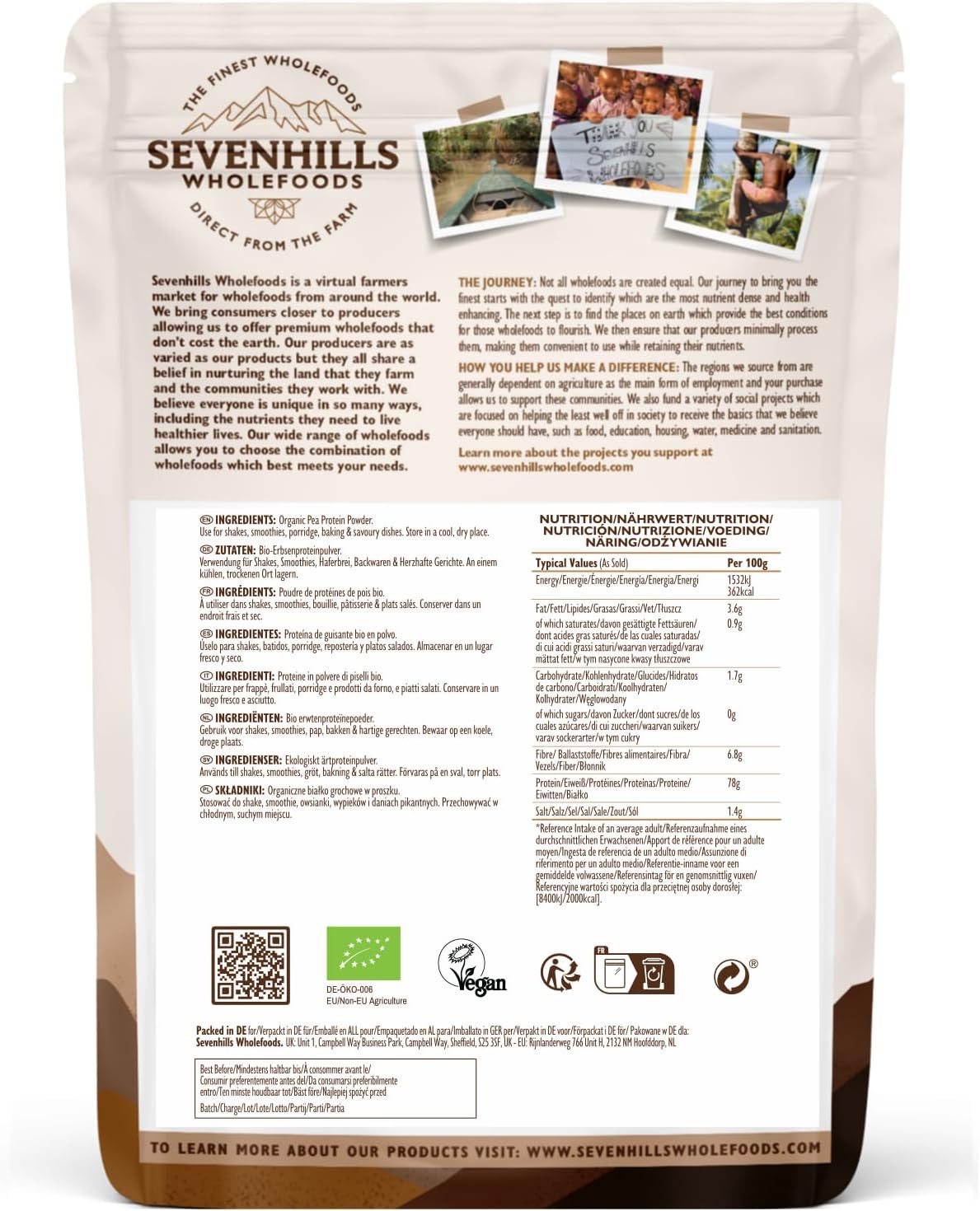 Detalle de Sevenhills Wholefoods Poudre de Protéines de Pois Bio 1,8 kg – 84% de protéines, naturelle et durable