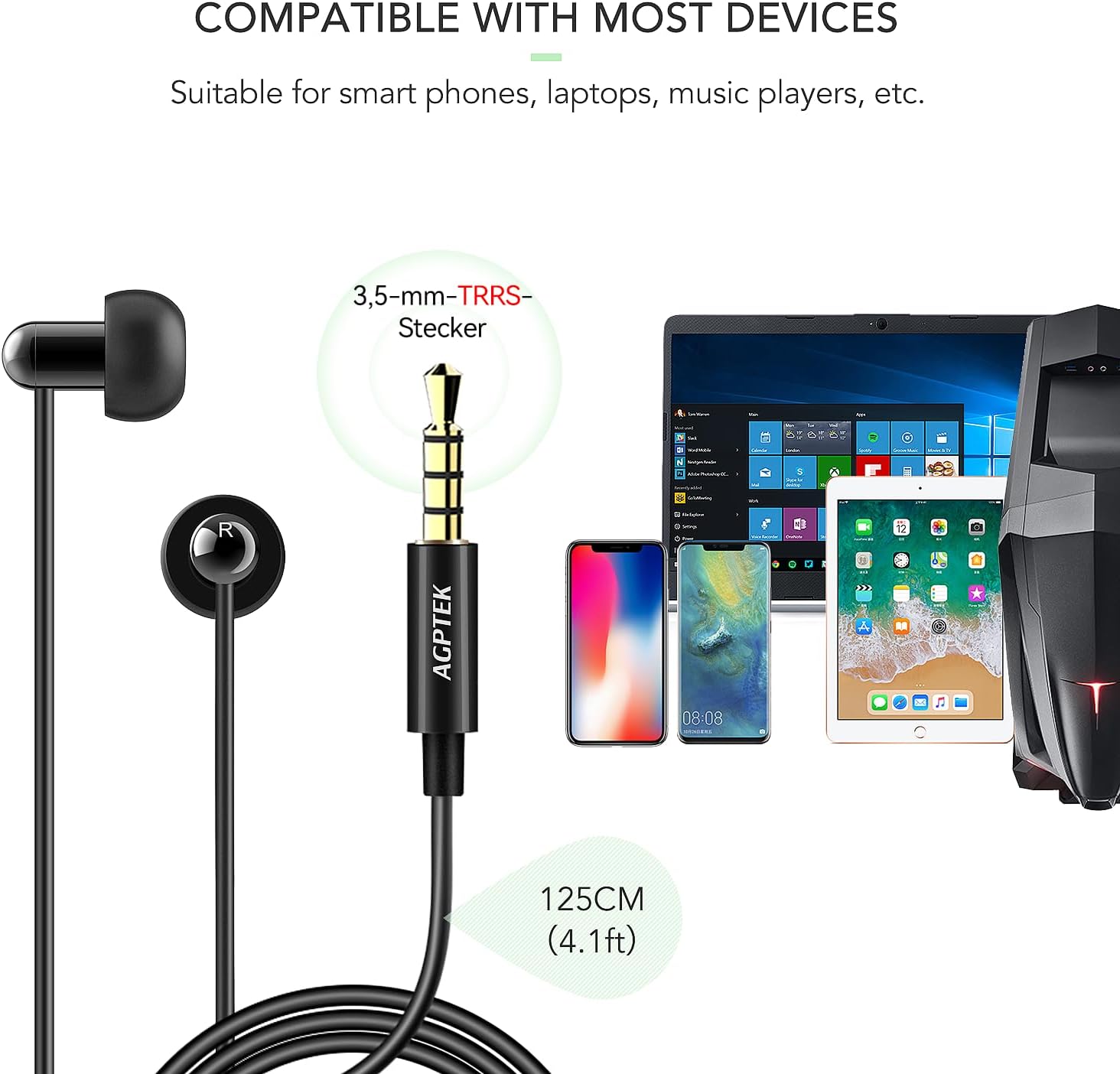 Detalle de AGPTEK Schlafkopfhörer – In-Ear-Kopfhörer mit 3 Paar Ohrstöpsel (S/M/L), 3,5 mm Kabel, ideal zum Schlafen, Reisen und Entspannung