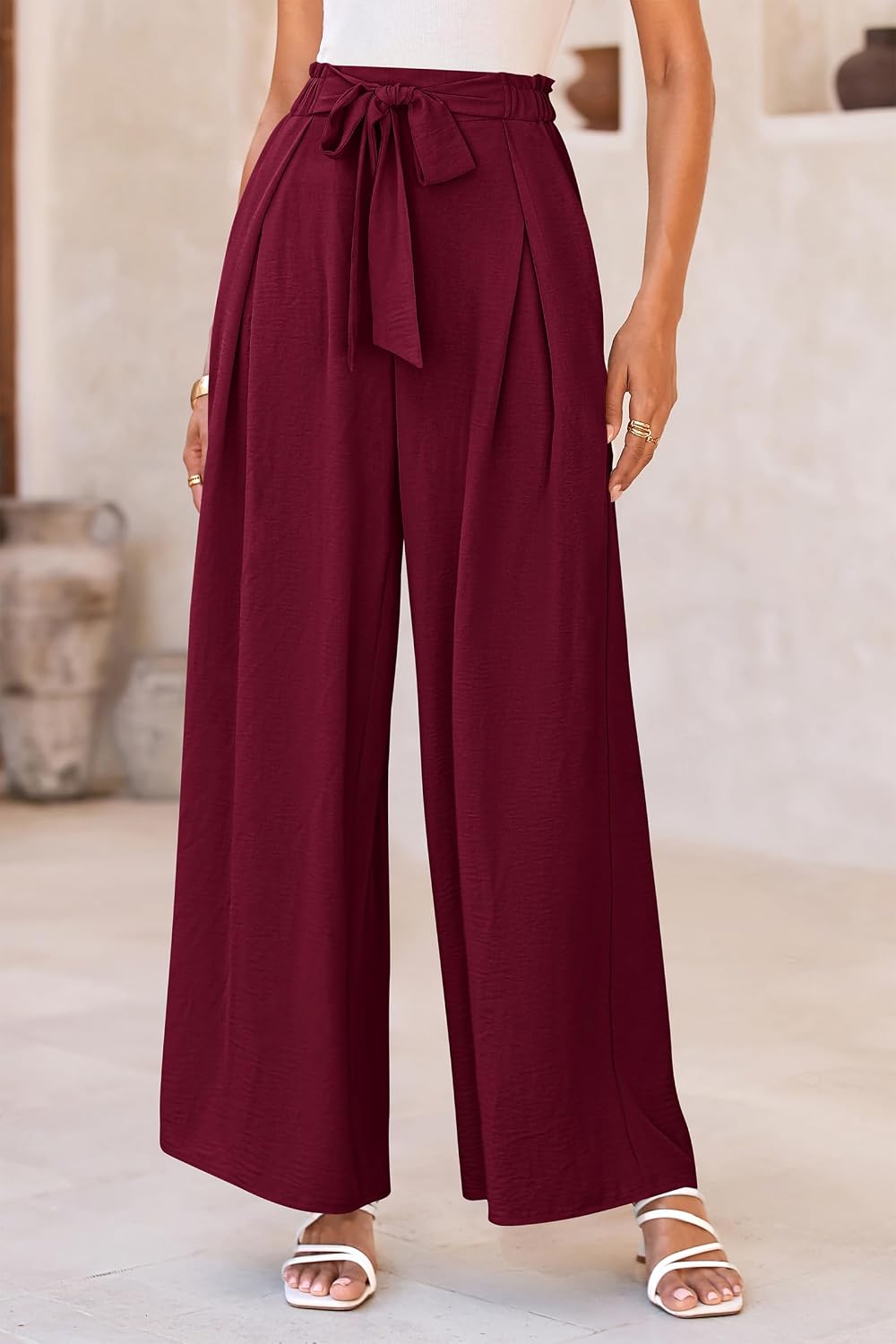 Detalle de PRETTYGARDEN Women's Palazzo Work Pants, Wide Leg, Elastic Waist, Tie Front