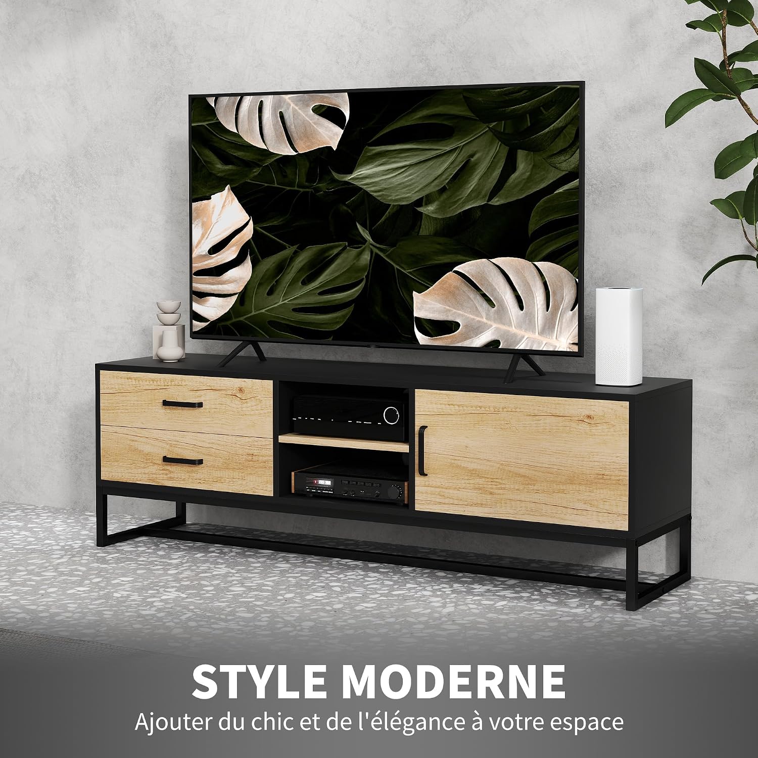 Thumbnail 2 de HOMCOM Meuble TV Bois Naturel pour écran jusqu’à 60 pouces – rangement polyvalent et étagère ajustable