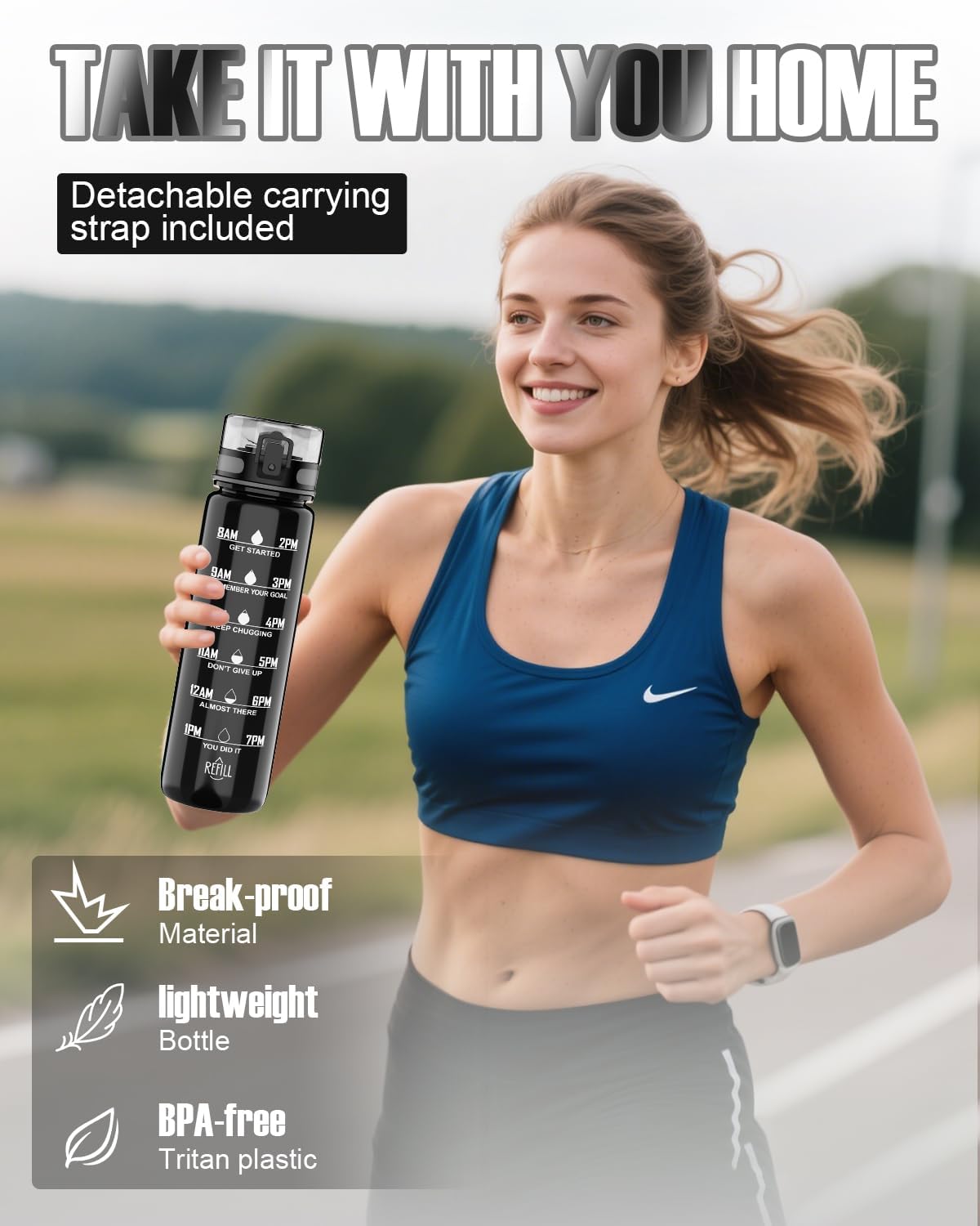 Thumbnail 5 de QIVORO 1-litre BPA-free Tritan motivational water bottle (black)