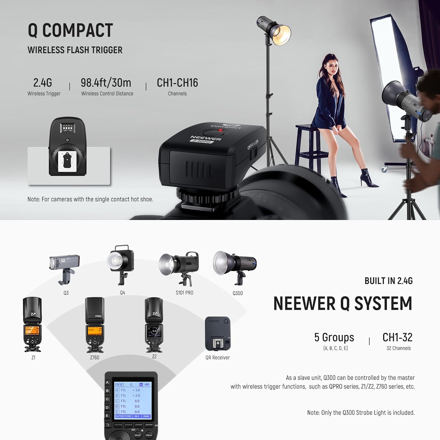 Thumbnail 4 de NEEWER Q300 300Ws 2.4G Outdoor Studio Flash with Q Compact Wireless Trigger (cordless monolight)