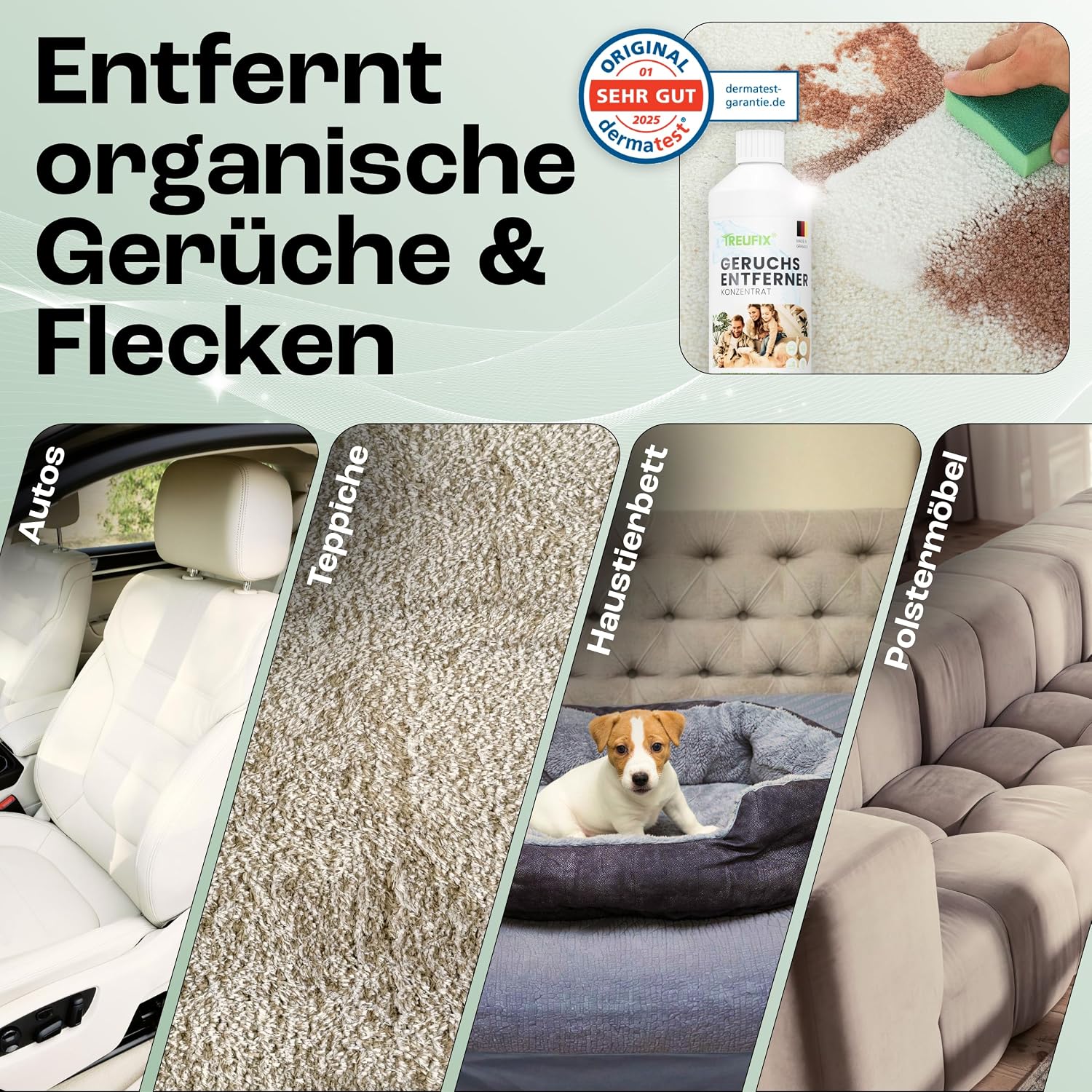 Detalle de Treufix Geruchsentferner Konzentrat 1 L inkl. 500 ml Mischflasche – Enzymreiniger gegen Urin, Schweiß & Alltagsgerüche