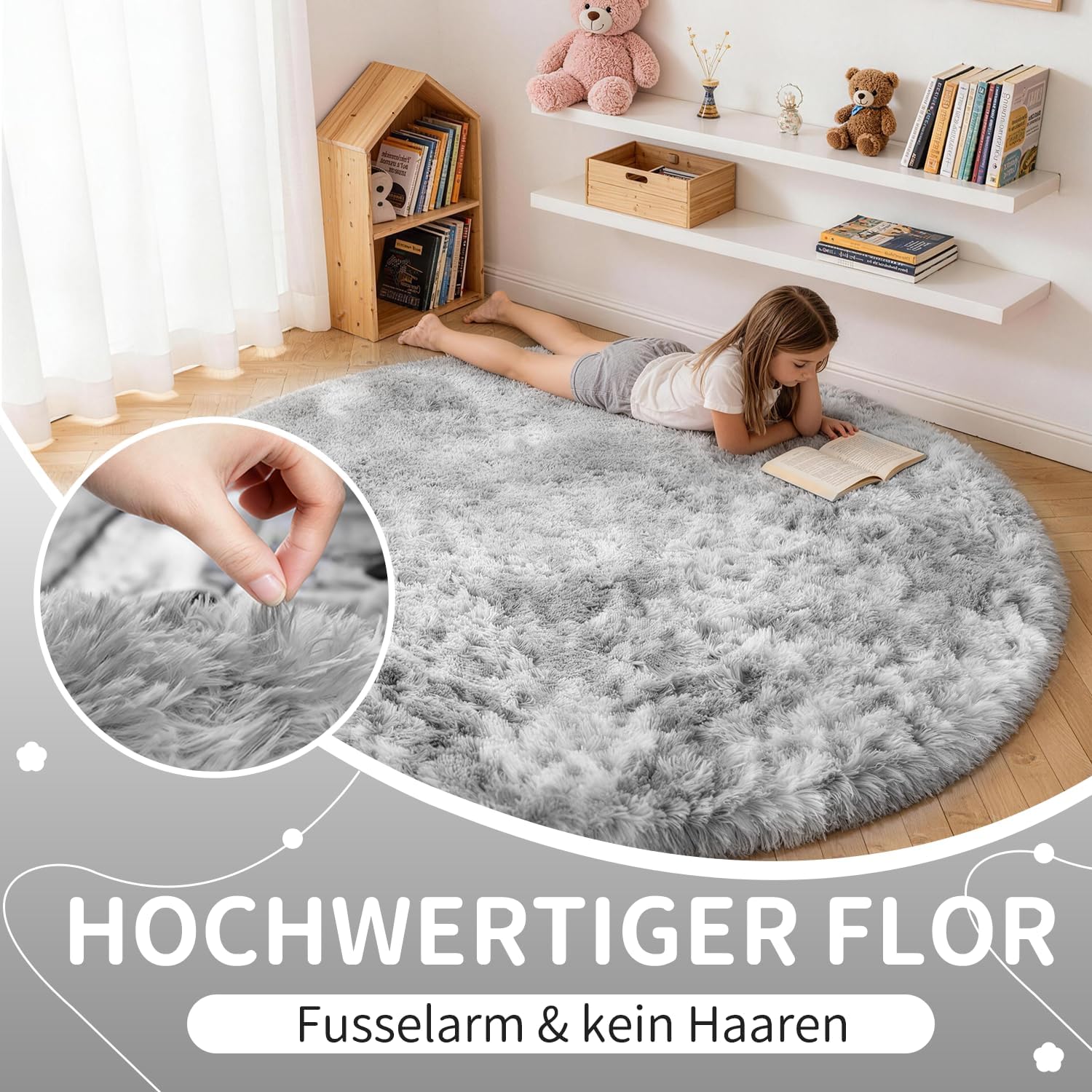 Detalle 2 de VOFUSHON runder Hochflor-Teppich 100 cm hellgrau – waschbar, rutschhemmend für Kinderzimmer