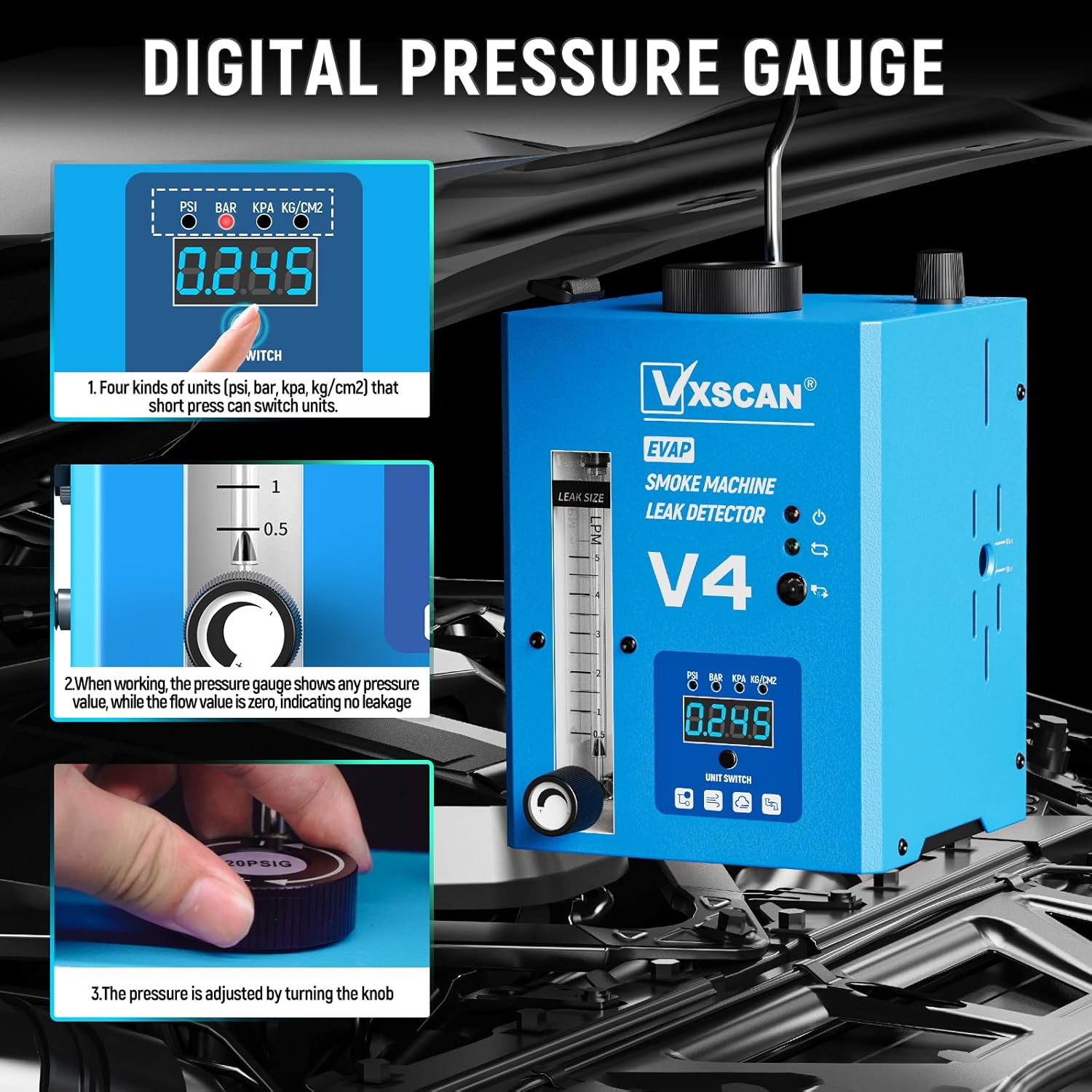 Thumbnail 2 de VXSCAN V4 Automotive EVAP Smoke Machine Leak Detector (12V) with Digital Pressure Gauge & Adjustable Flow Meter
