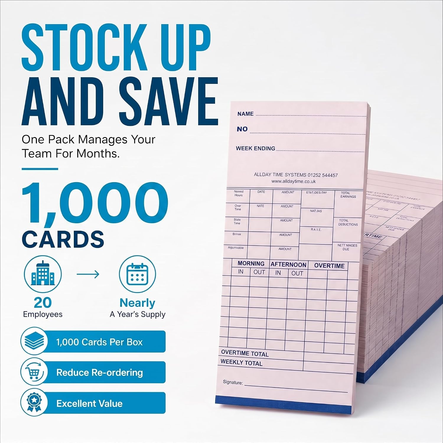 Detalle 2 de QuickClocks Weekly Clocking in Cards (Pack 1000) for QC500N, QC500D and QC400 Clocking In Machines