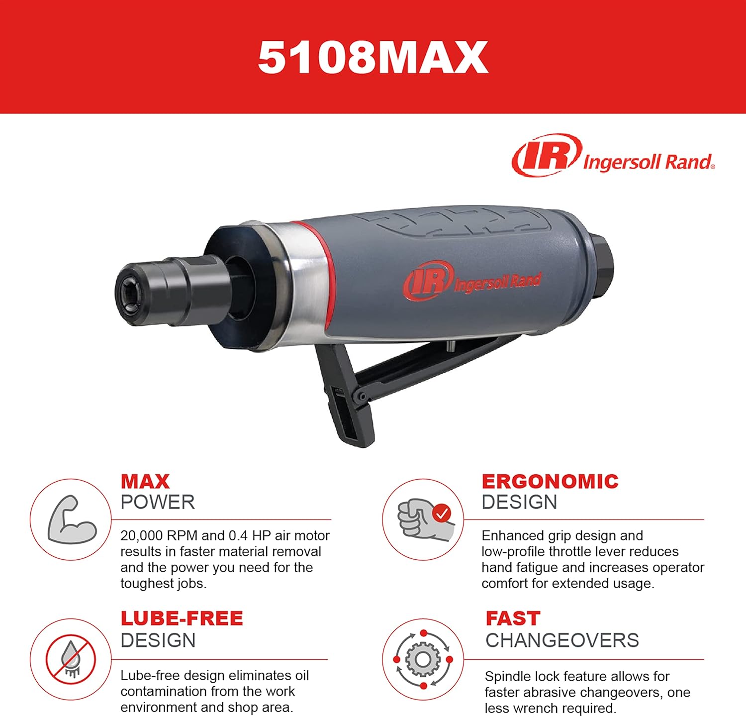 Detalle de Ingersoll Rand 5108MAX-M: Smerigliatrice Pneumatica Diritta da 0,4 CV e 20.000 giri/min, senza lubrificazione