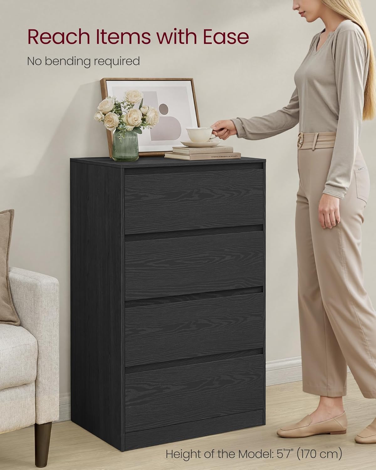 Detalle de VASAGLE KAILYN LTS614BE05 4-drawer chest of drawers in ebony black (40 x 60 x 97.4 cm)