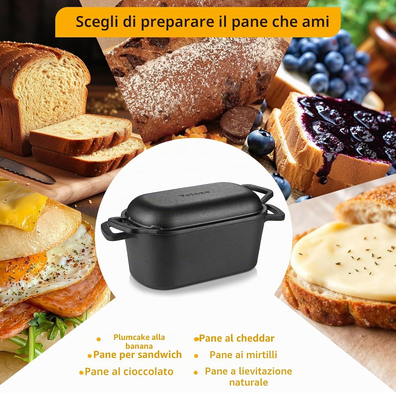 Thumbnail 6 de Velaze Pentola in Ghisa per Pane 3.4L – Casseruola Rettangolare 27x15 cm con Coperchio e Smalto Cremona, Induzione