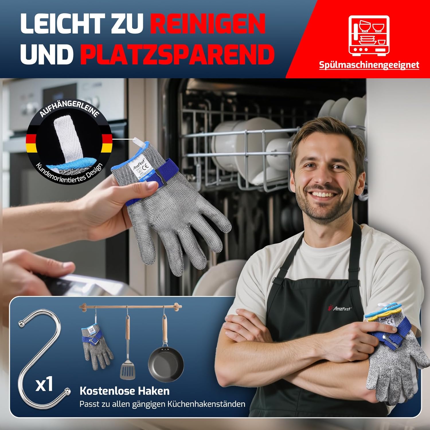 Detalle de AmzFirst Schnittschutzhandschuhe Küchen-Set Level 9 + Level 5, Größe 7/S