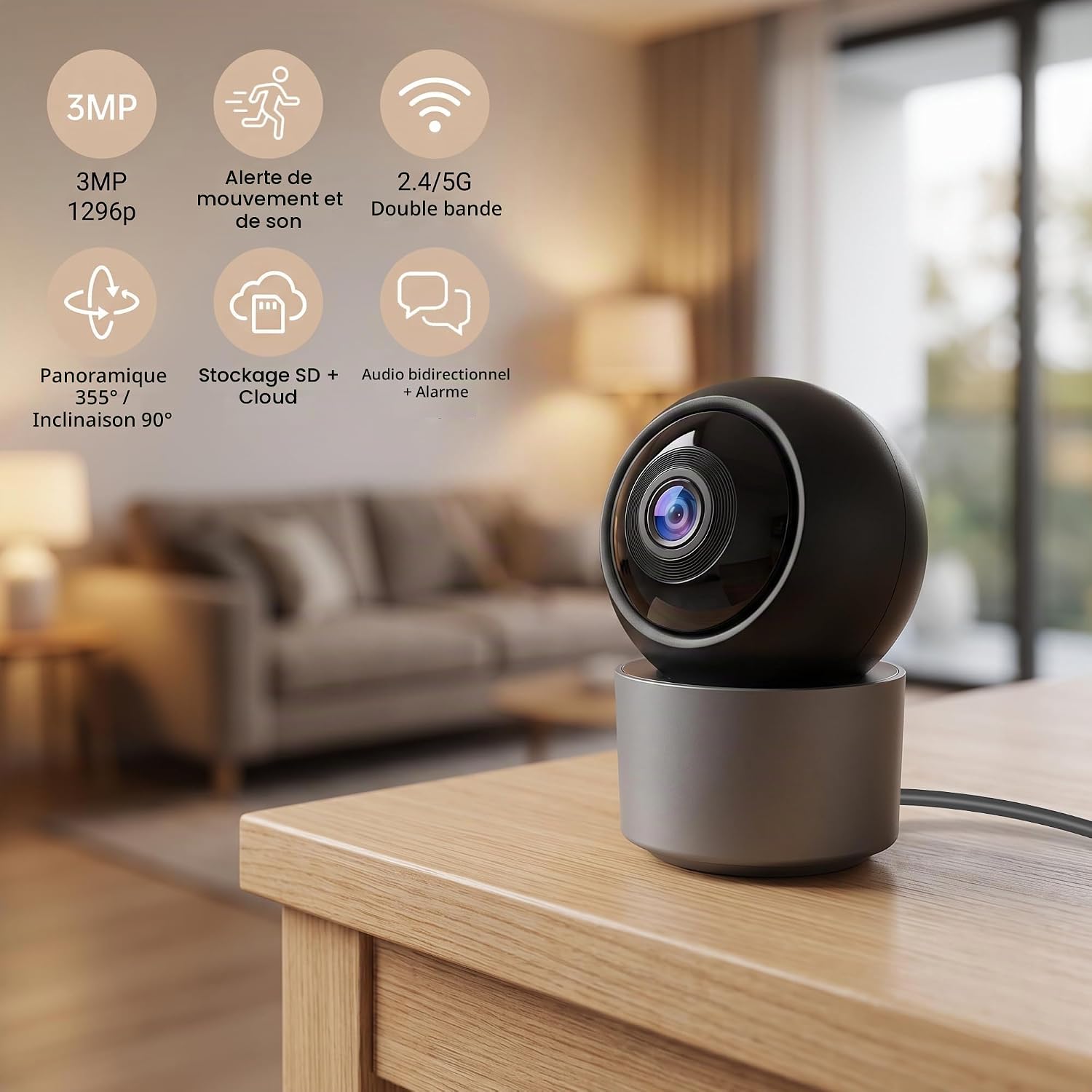Detalle de ONNO XSJ-G25 beveiligingscamera voor binnen, 3 MP en draaibaar