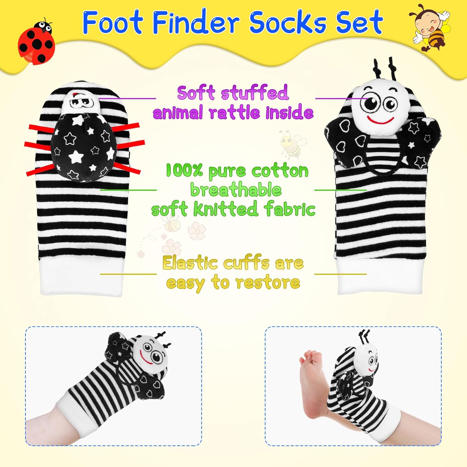 Thumbnail 2 de Baby Toys 0-6 Months Foot Finders & Wrist Rattles (Black and White Sensory Toys) – 4pc Set