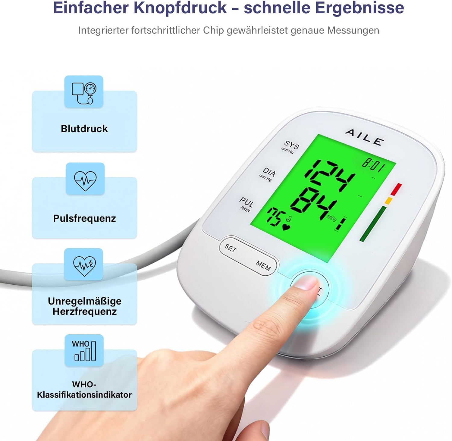 Thumbnail 1 de AILE X6 Oberarm-Blutdruckmessgerät für 22–42 cm mit ±3 mmHg Präzision und Arrhythmie-Erkennung