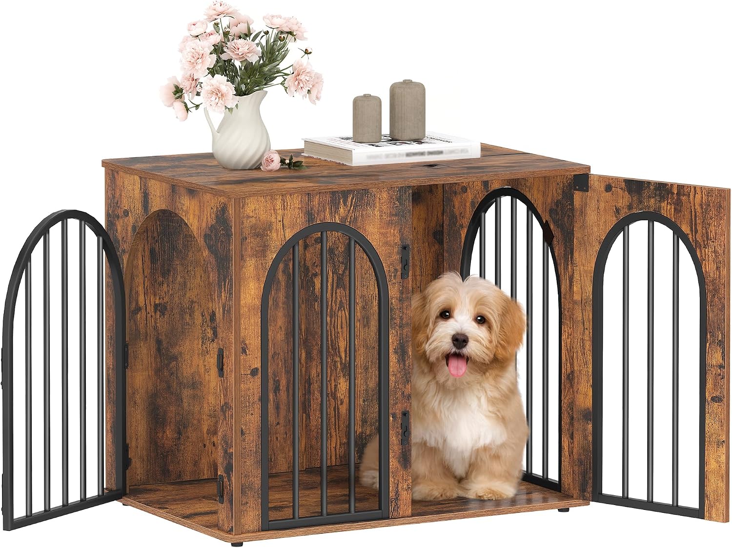 Detalle de Hzuaneri Hundekäfig Möbel DFC85501B – 68 cm Hundebox mit 3 Türen und Bogentür (Vintagebraun)