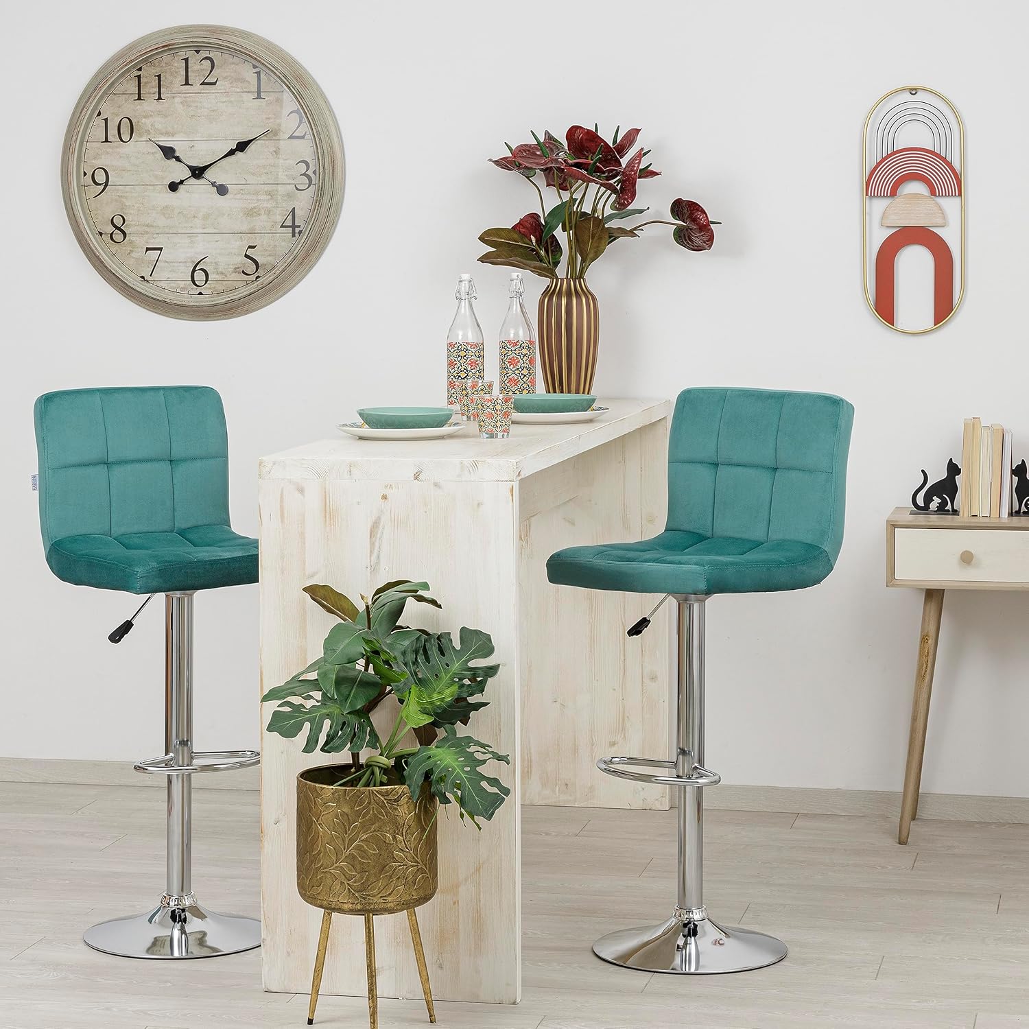 Thumbnail 1 de Baroni Home Tabouret de Bar en Velours — Règlable, Pivotant 360°, Dossier Ergonomique et Repose-Pieds
