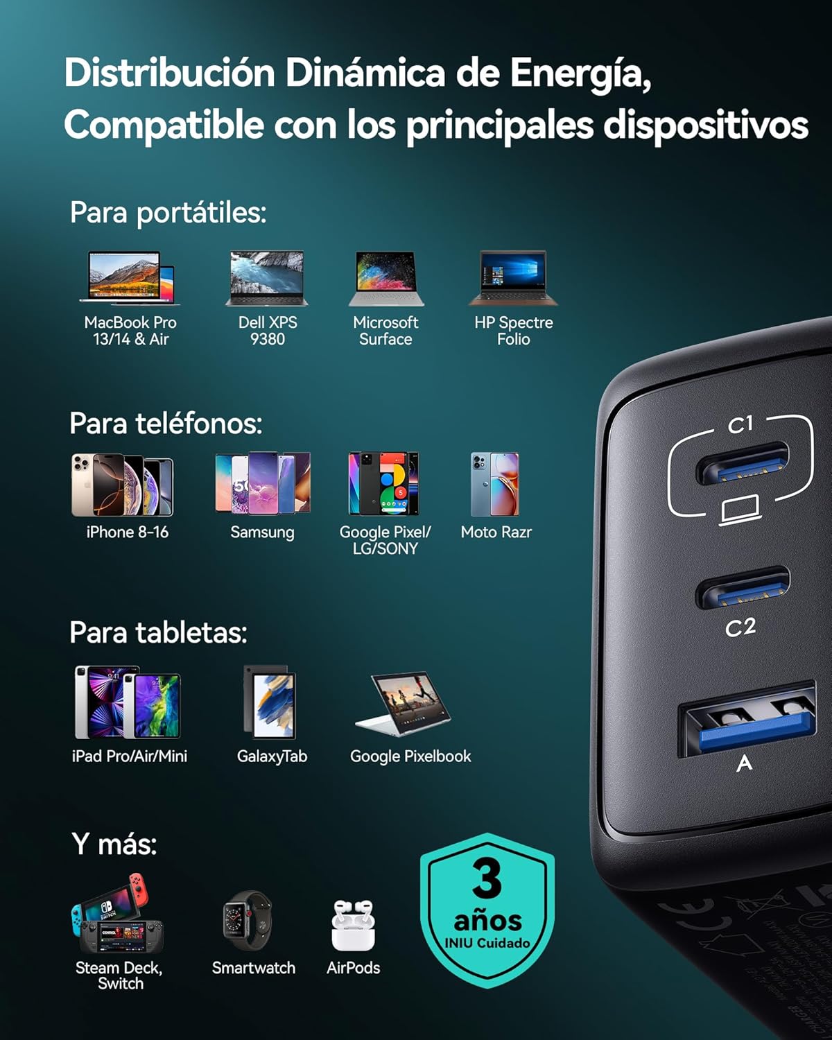 Thumbnail 6 de INIU 65W Cargador USB C 3 puertos