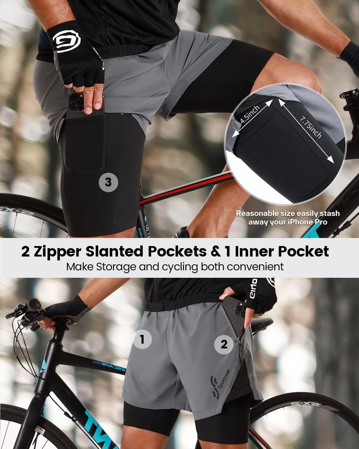 Thumbnail 3 de Sportneer Pantalon de cyclisme pour homme avec rembourrage 3D – Tailles M à 3XL