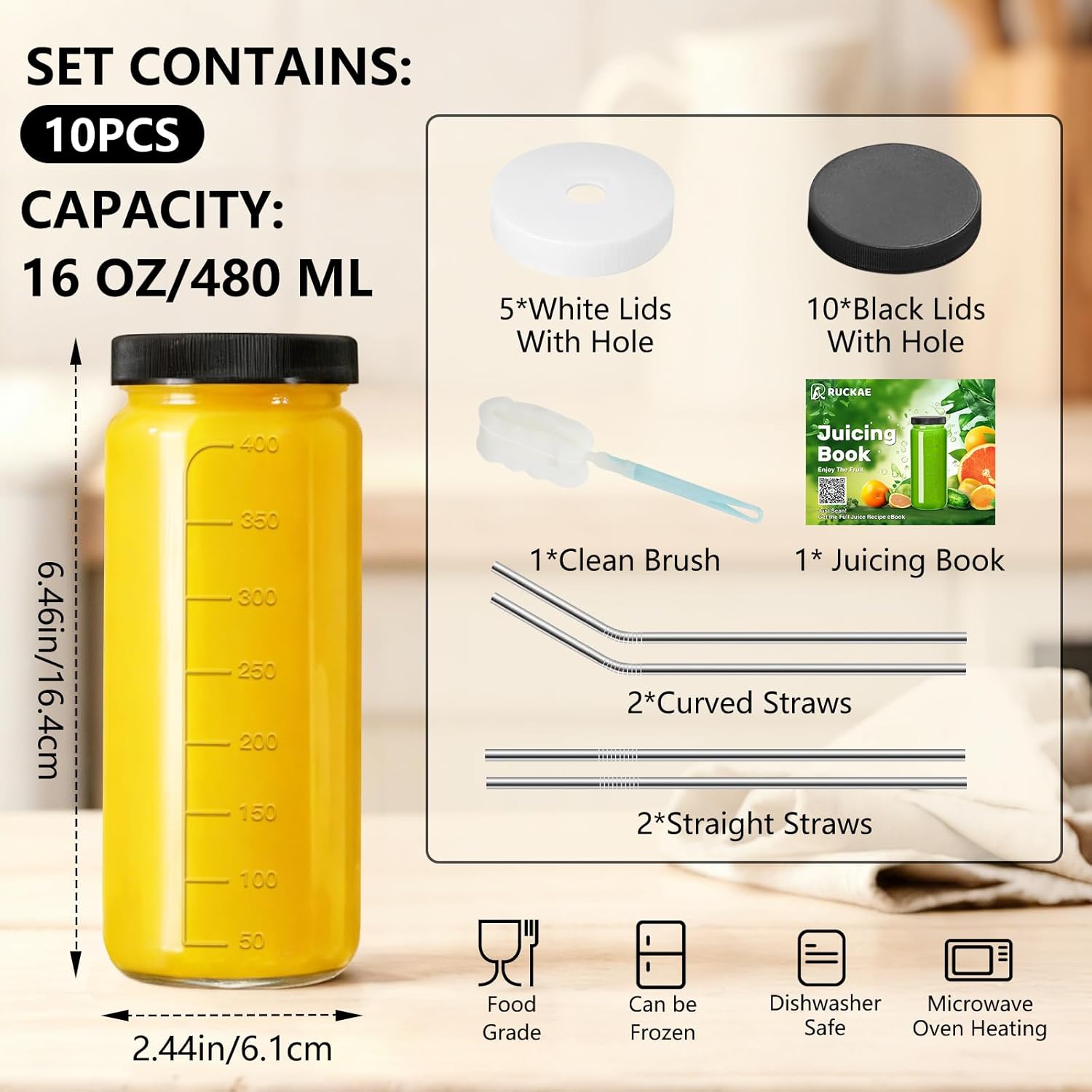 Thumbnail 1 de Ruckae 16oz 10-Pack Glass Juice Bottles with Lids, Straws & Smoothie Cups