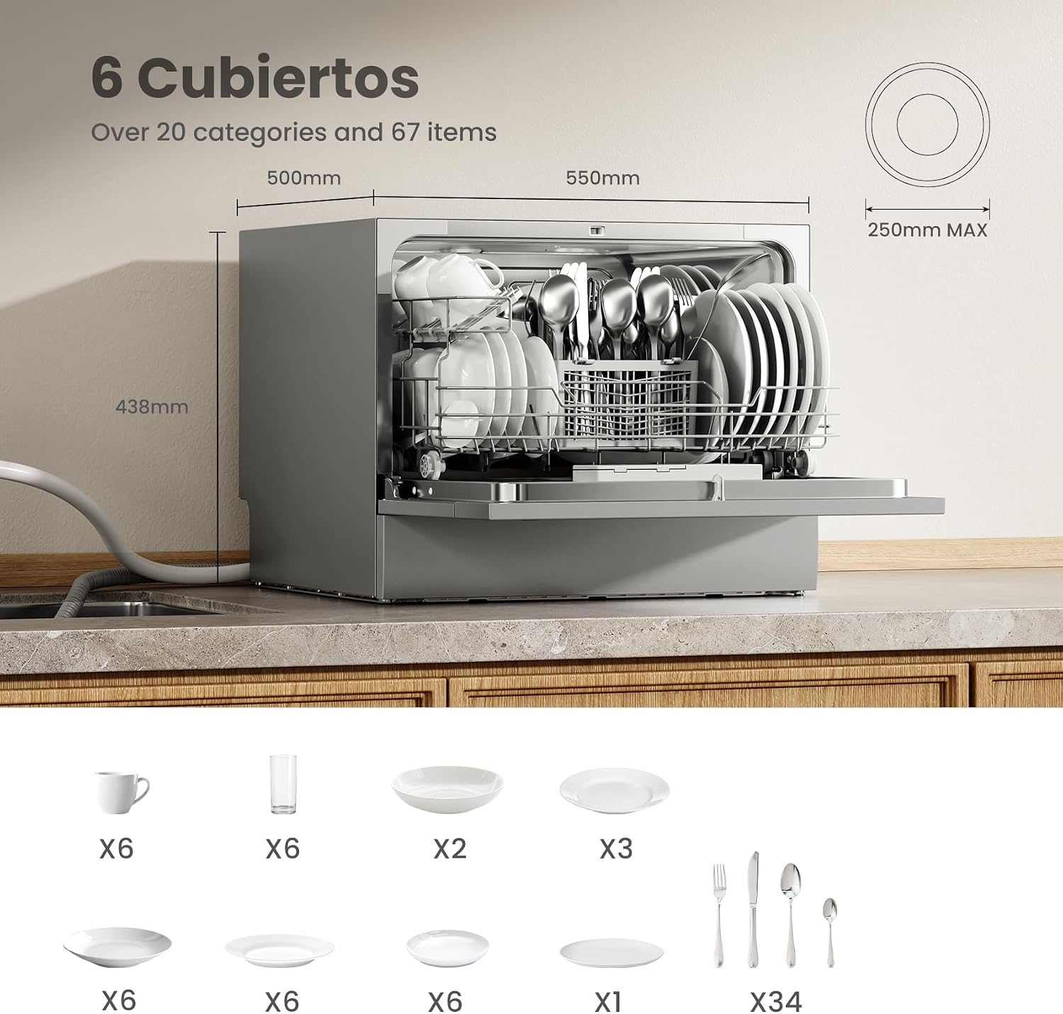 Detalle de COMFEE' CDWMT0602ESD-EU: Lavavajillas de Sobremesa Compacto, 6 Cubiertos y 6 Programas