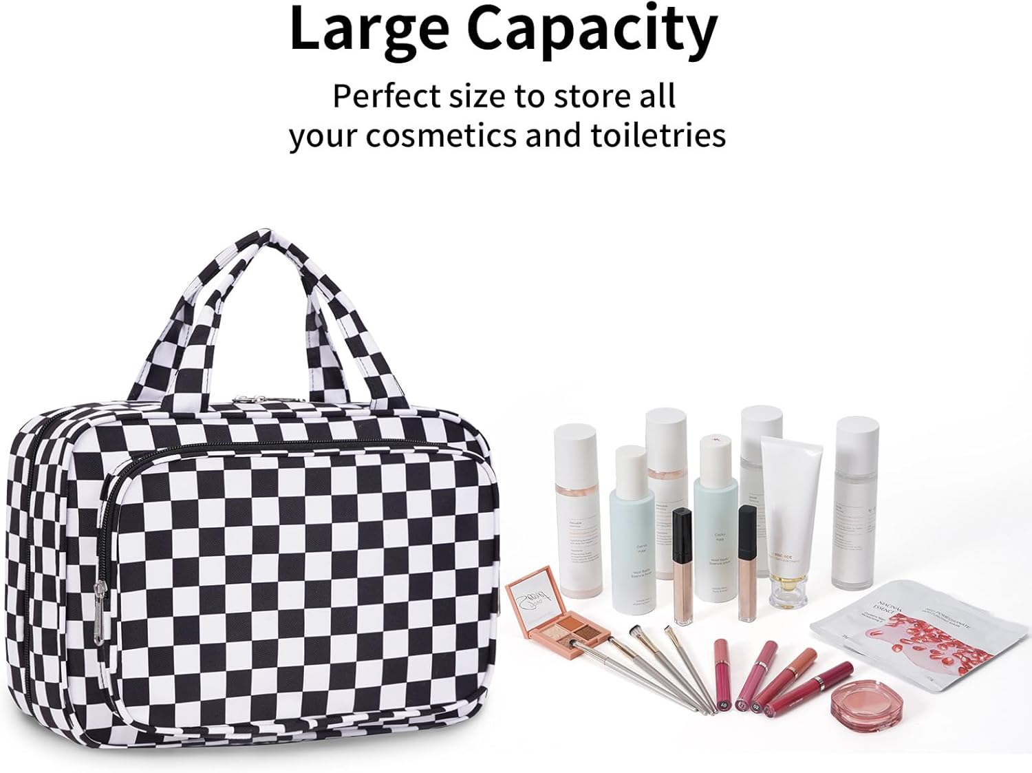 Detalle de Narwey Large Checkered Hanging Toiletry Bag (Light, large) with multiple compartments