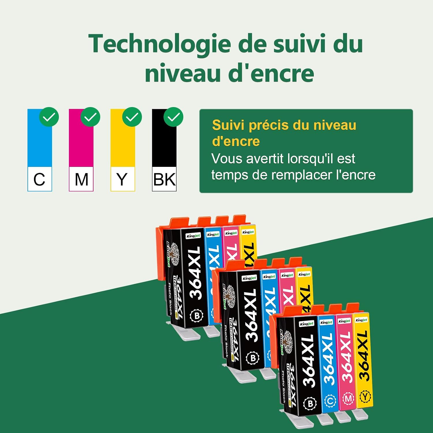 Detalle de Pack de 12 cartouches compatibles HP 364 / 364 XL Kingjet (364XL) pour Photosmart, Deskjet et Officejet