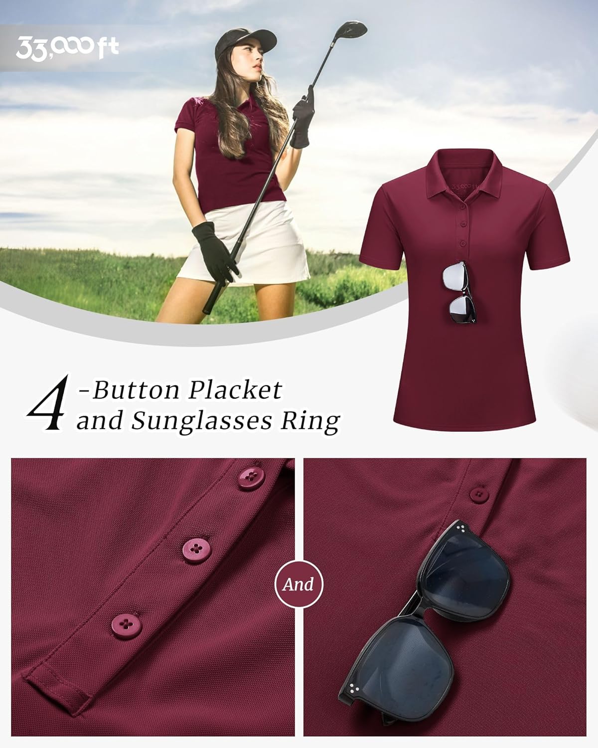 Detalle 2 de 33,000ft Damen Polo Golfshirt mit UV-Schutz UPF50+ – schnelltrocknend, atmungsaktiv und vielseitig