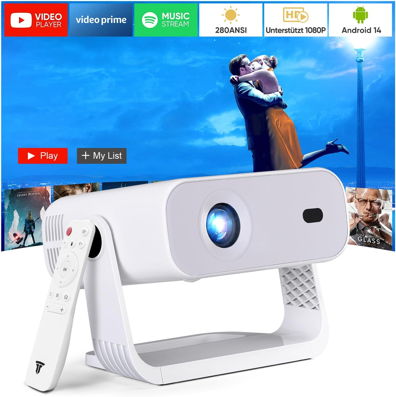 Detalle de Wielio Neuer Smart Mini Beamer mit integrierter App – Android 14, 1080p/4K-Dekodierung, WiFi6 & BT5.2