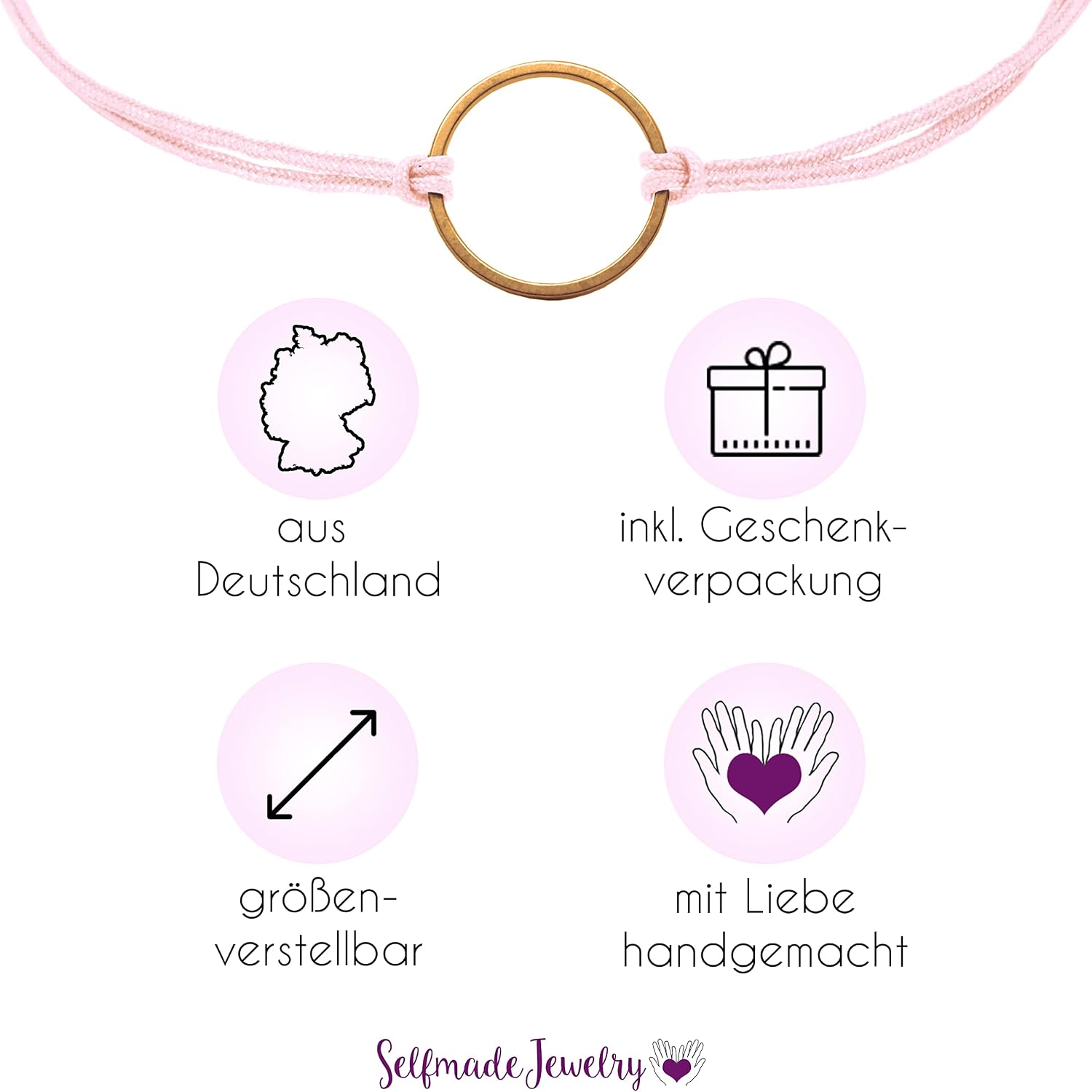 Detalle de Selfmade Jewelry Armband Damen Roségold Kreis – handgemacht, größenverstellbar, inkl. Geschenkverpackung