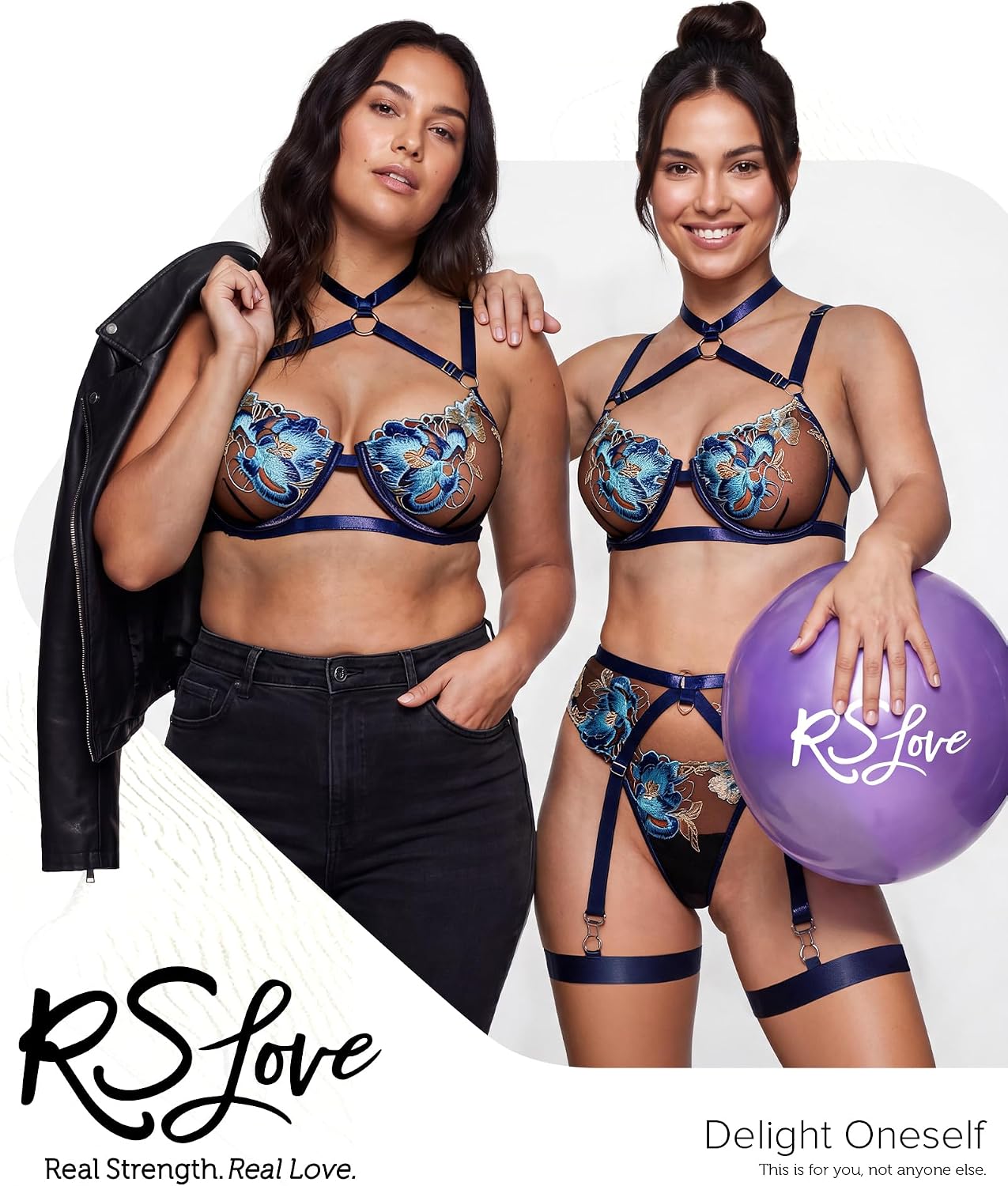 Detalle 2 de RSLOVE lingerieset met meshbeha, slipje, bloemenpatroon en jarretelgordel