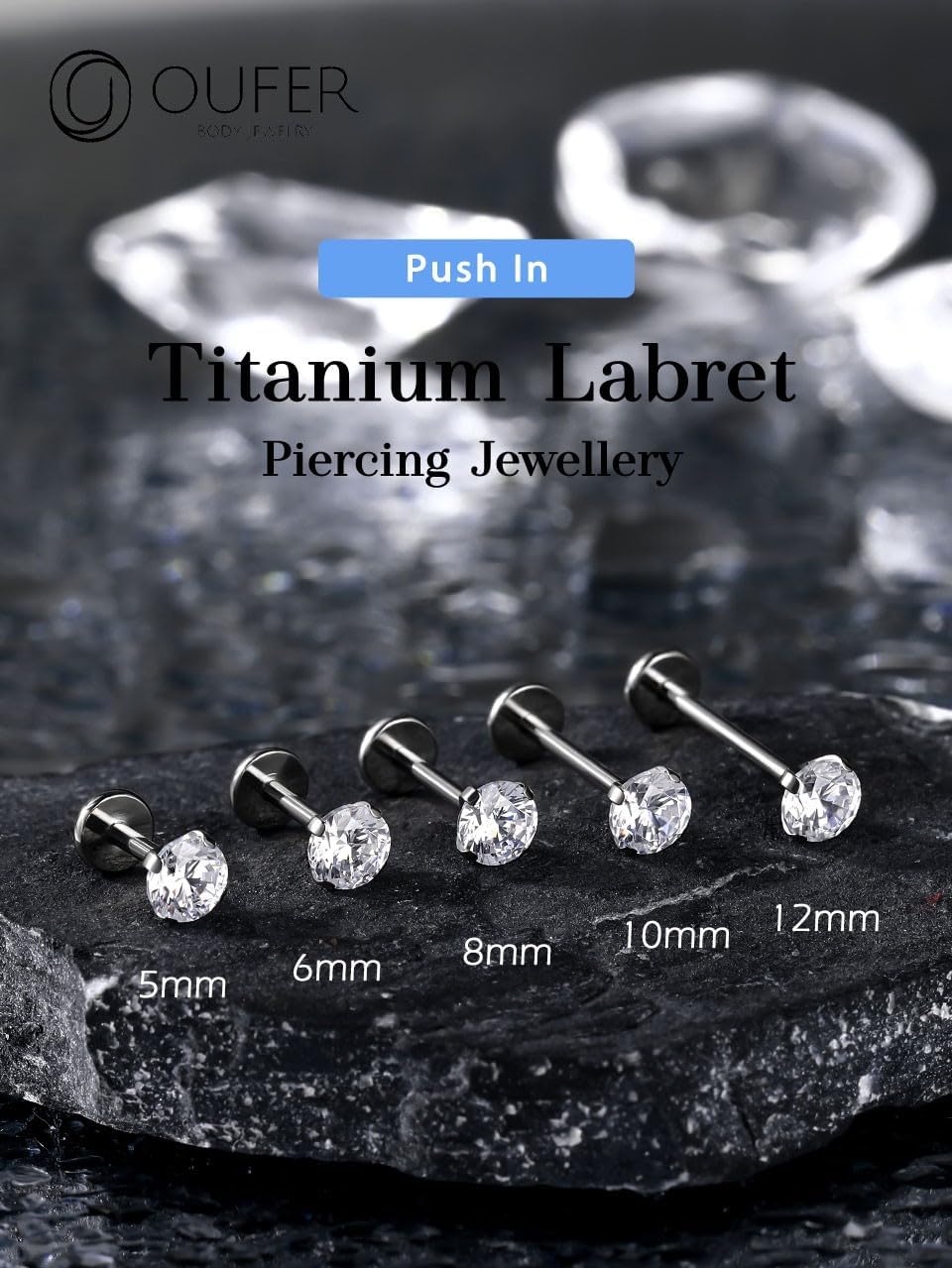 Detalle de OUFER Body Piercing Push In Lip Stud 18G en titane (labret threadless) avec CZ