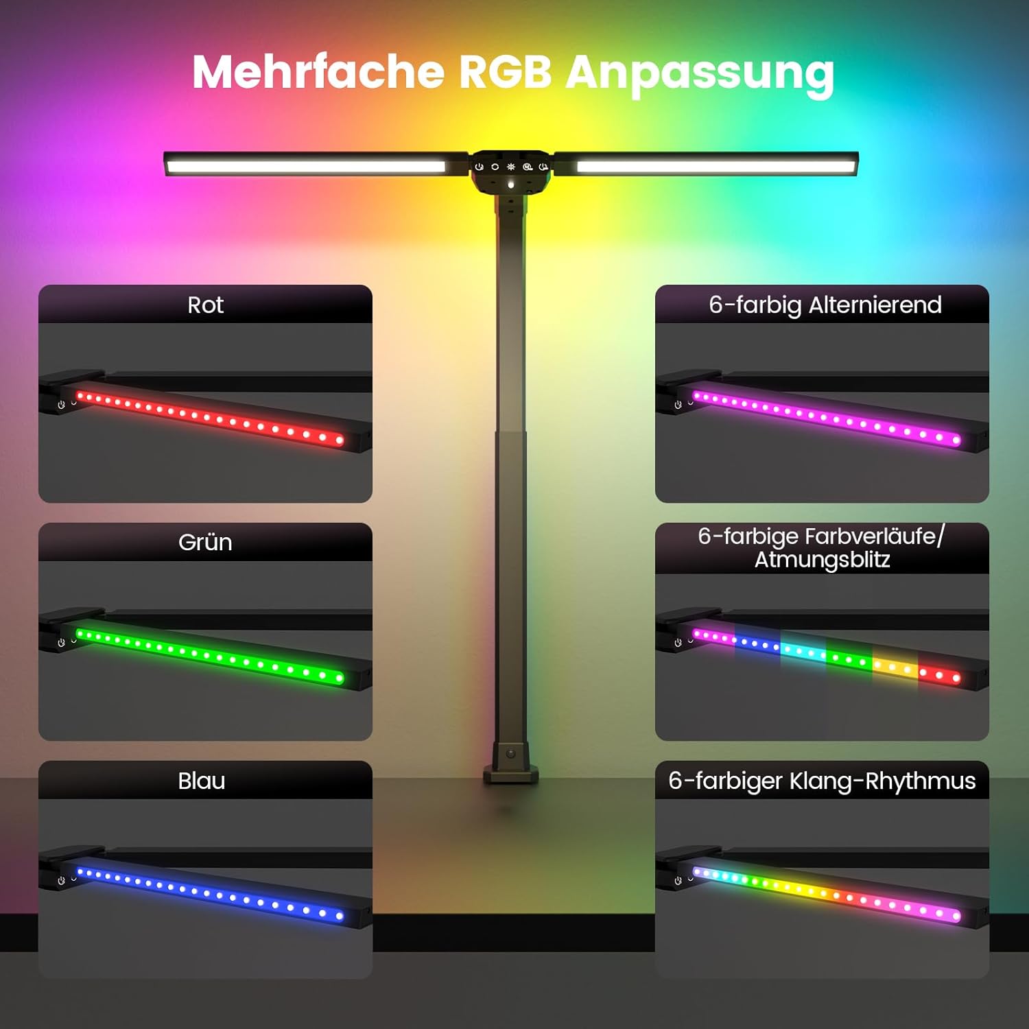 Thumbnail 2 de SIBRILLE RGB Doppelkopf Schreibtischlampe LED dimmbar, 22W, 80 cm – Fernbedienung, verstellbarer Schwanenhals, Augenschutz