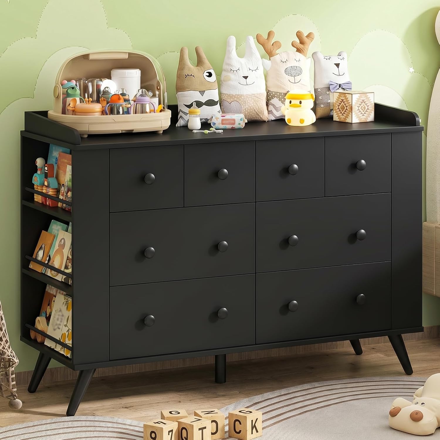 Detalle de Vabches Baby Dresser, Black Kids' Dresser with Raised-Edge Top and Storage