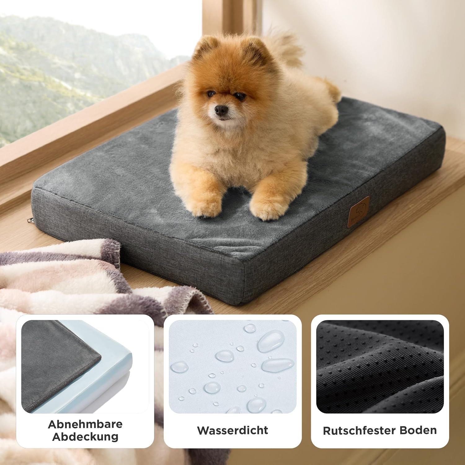 Detalle de BEDSURE orthopädisches Hundekissen für kleine Hunde (61 × 41 × 8 cm) – waschbares Hundebett mit 2-in-1 Memoryschaum, dunkelgrau
