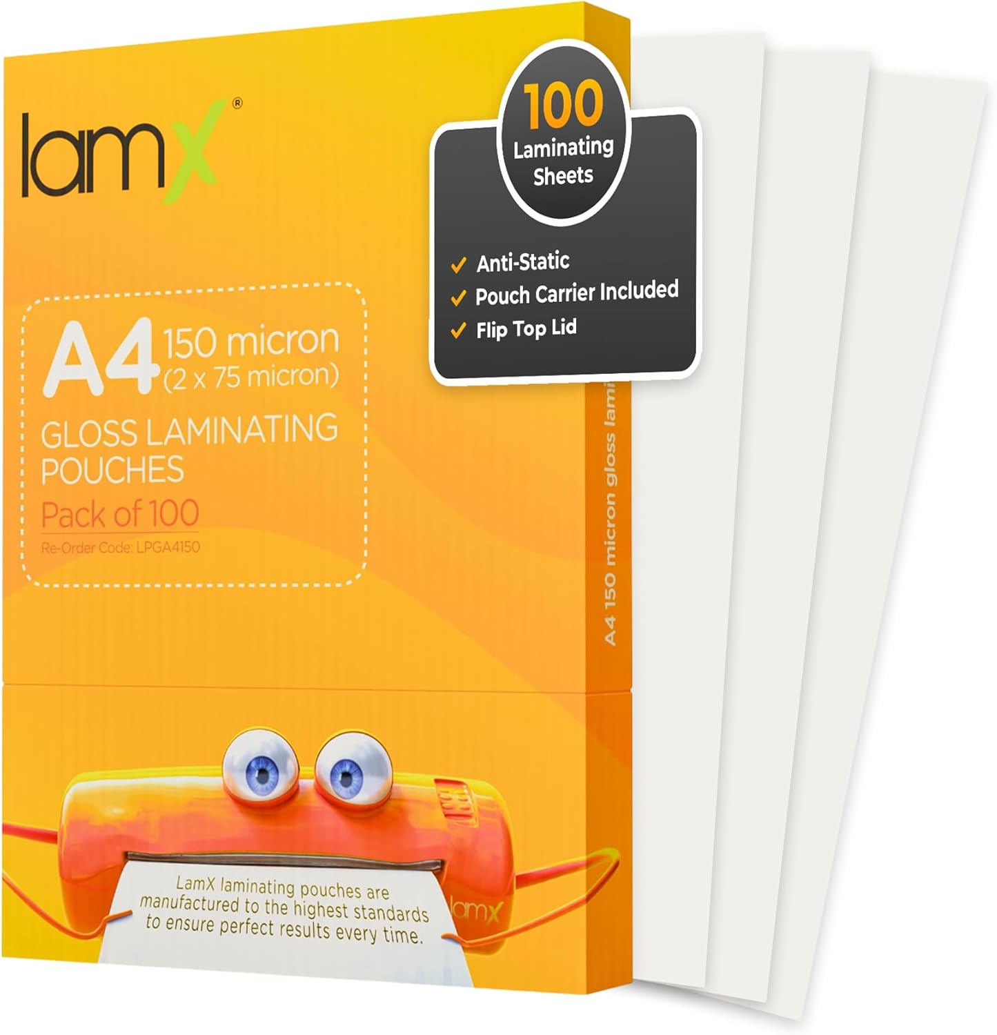 LAMX A4 Laminating Pouches 150 micron (75+75) – High Gloss, Anti-Static Pack of 100