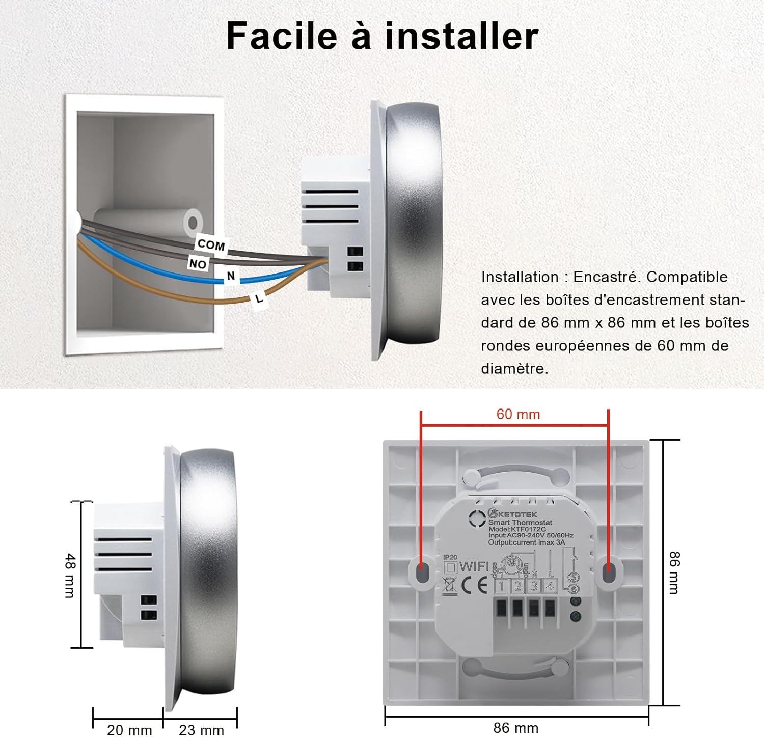 Detalle de KETOTEK WiFi Thermostat pour Chauffage de l'eau par Le Sol 3A – Compatible Alexa et Google Assistant