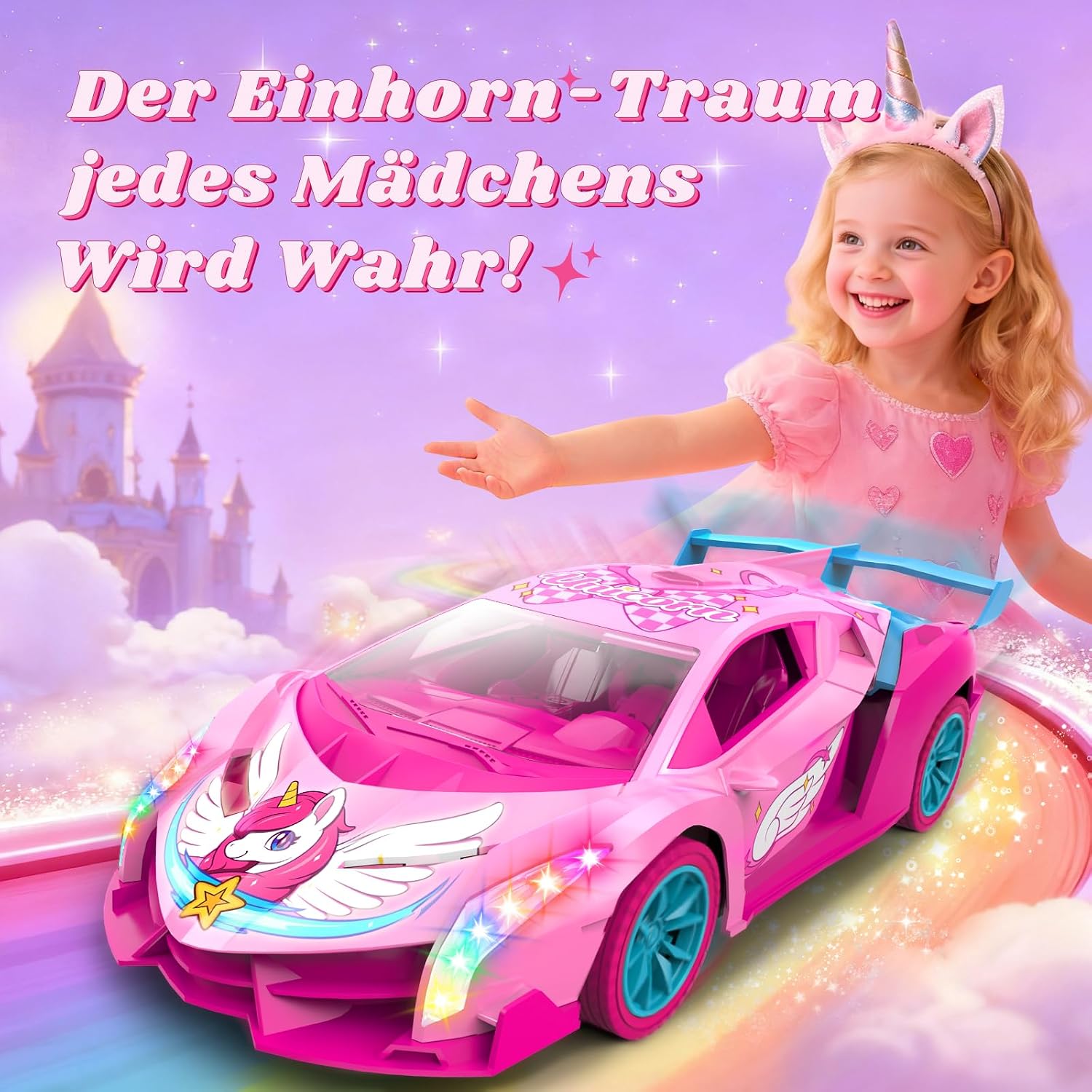 Detalle de Ferngesteuertes Einhorn Auto 1:18 mit bunten Lichtern, 2,4 GHz – geeignet für Mädchen ab 3 Jahren