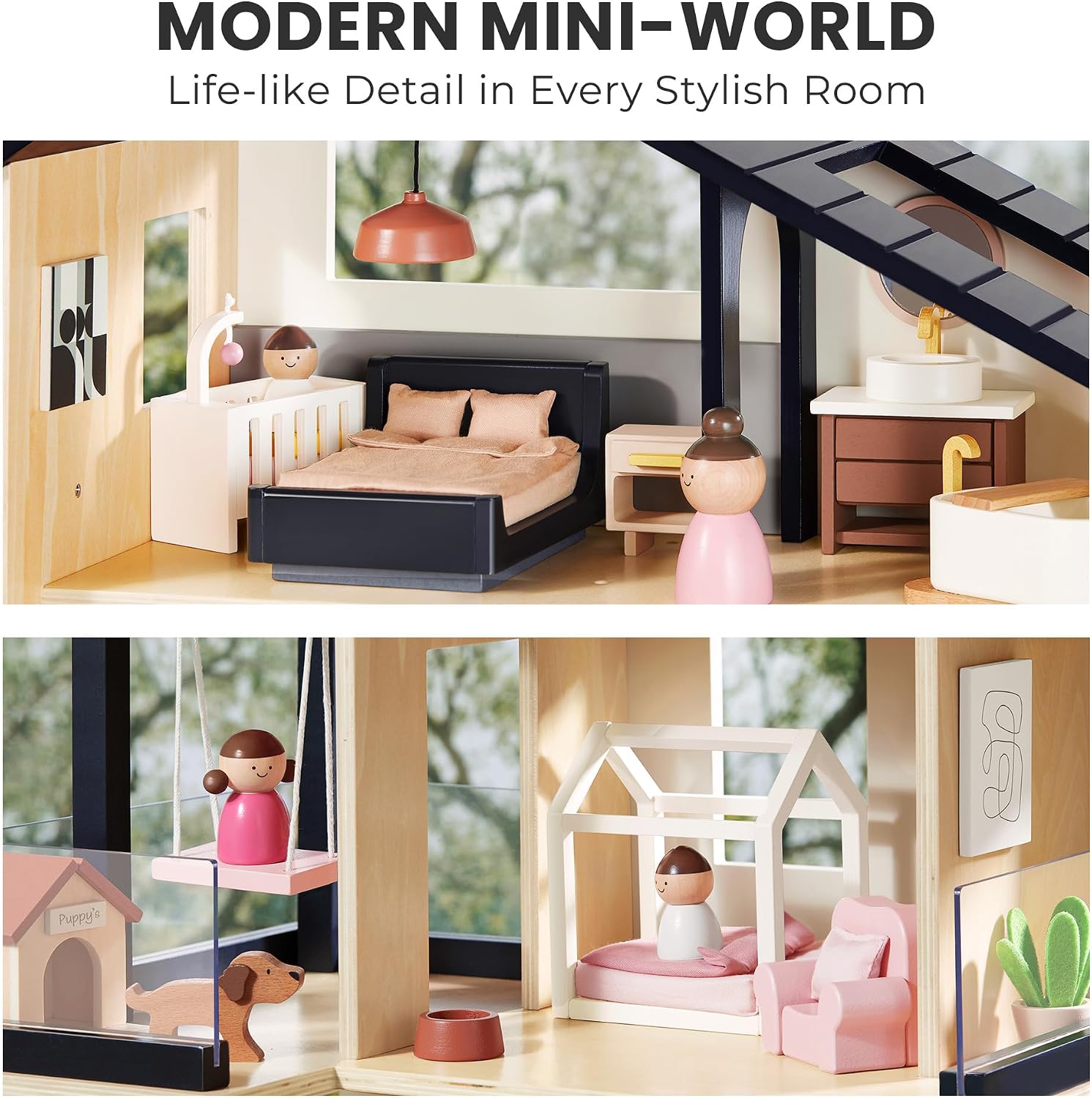Detalle de Tiny Land Wooden Doll House: Modern Family 7-Room Dollhouse with 53 Accessories