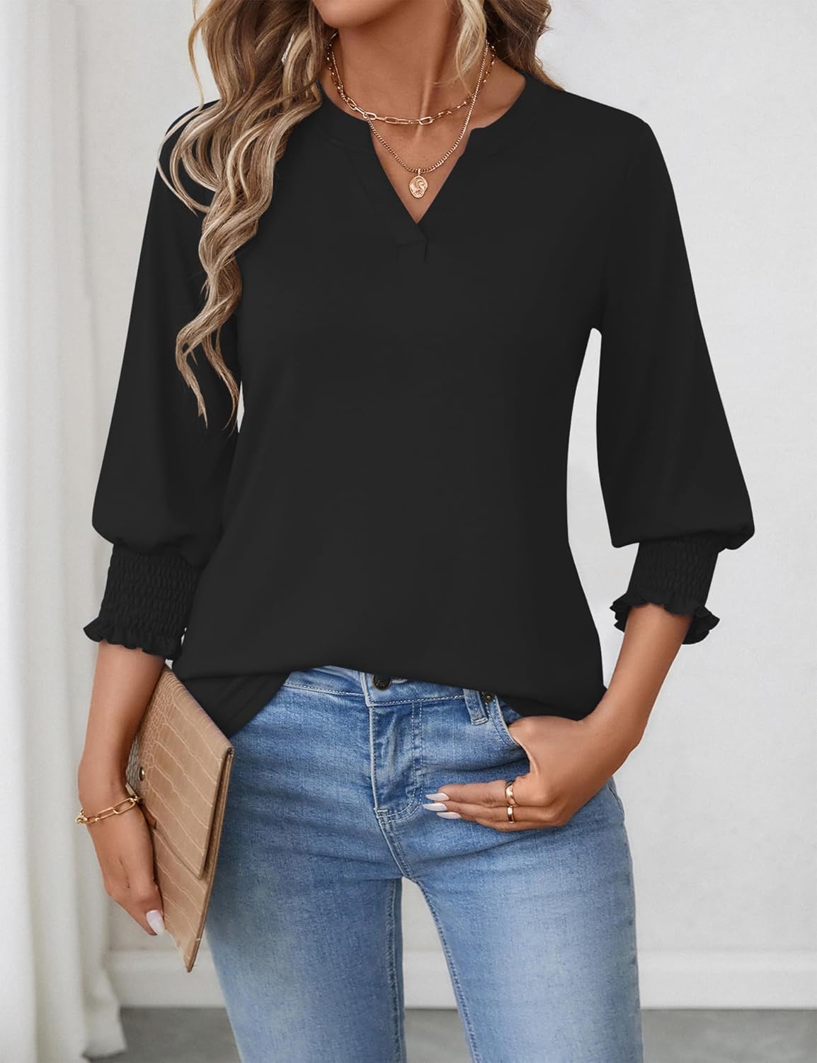 Thumbnail 2 de Rapbin Damen Bluse mit 3/4-Ärmeln und V-Ausschnitt – luftige Tunika für Frühling & Sommer