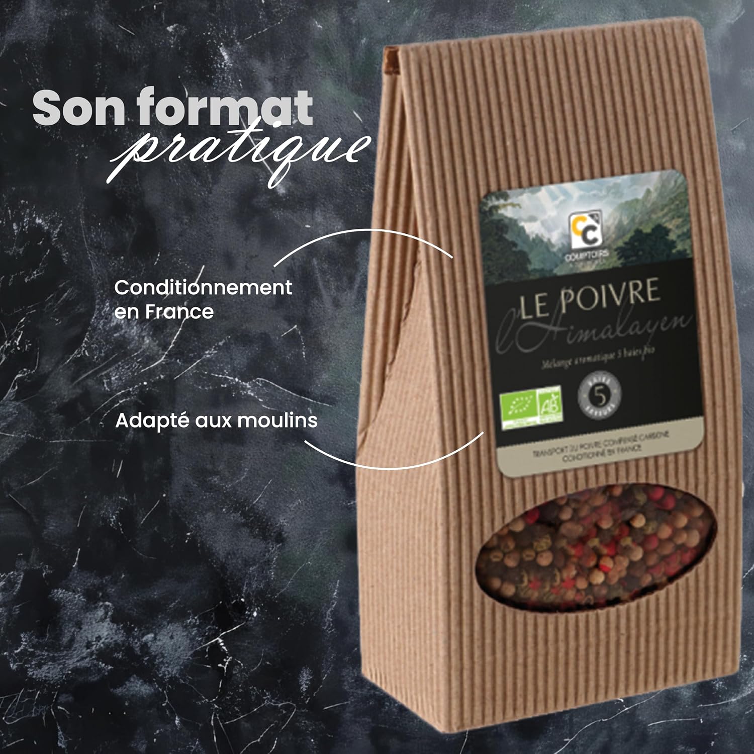 Detalle 2 de Recharge Comptoirs et Compagnies Poivre 5 Saisons bio pour moulin – mélange de poivres et baies, 125 g