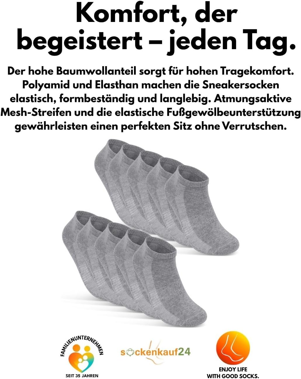 Detalle 2 de 10 Paar kurze Sneaker-Socken aus Baumwolle für Herren & Damen (81% Baumwolle) – atmungsaktiv