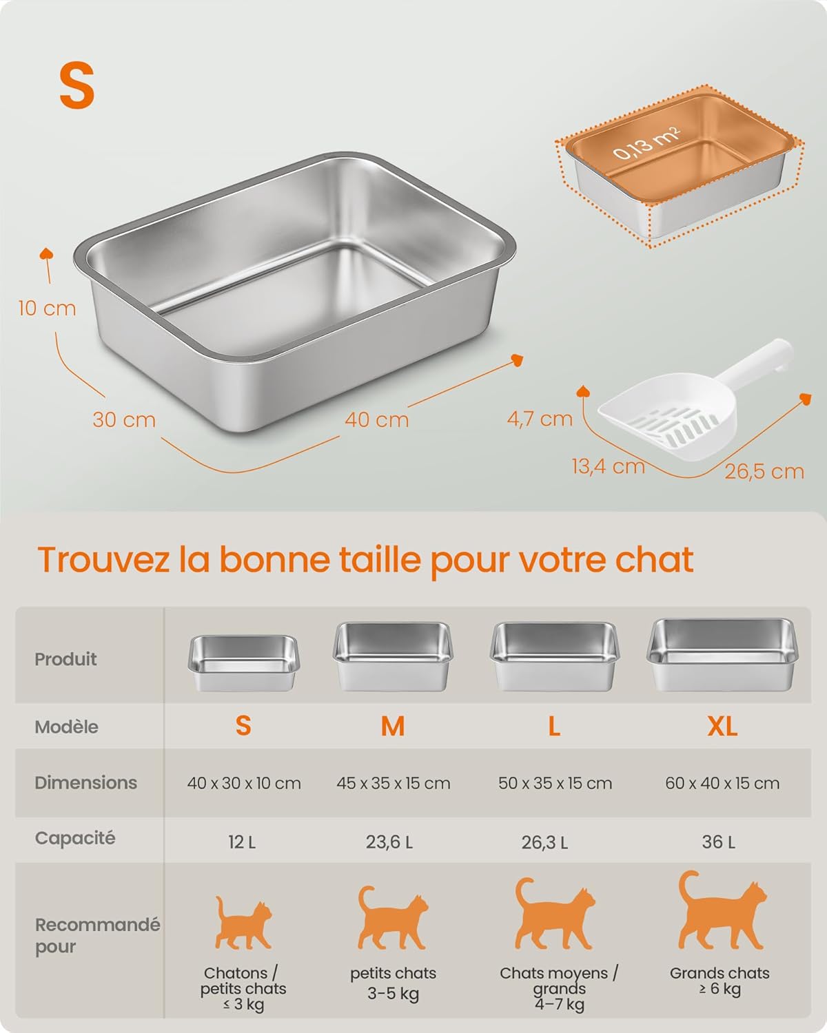Detalle de Feandrea Bac à Litière en Acier Inoxydable pour Chat – 40 x 30 x 10 cm, ouvert avec pelle