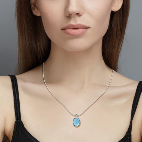 Detalle 2 de Teppdfann Aquamarine Necklace for Women, Silver Oval Birthstone Pendant