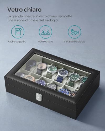 Detalle 2 de SONGMICS port orologi a 12 posti con coperchio in vetro e serratura