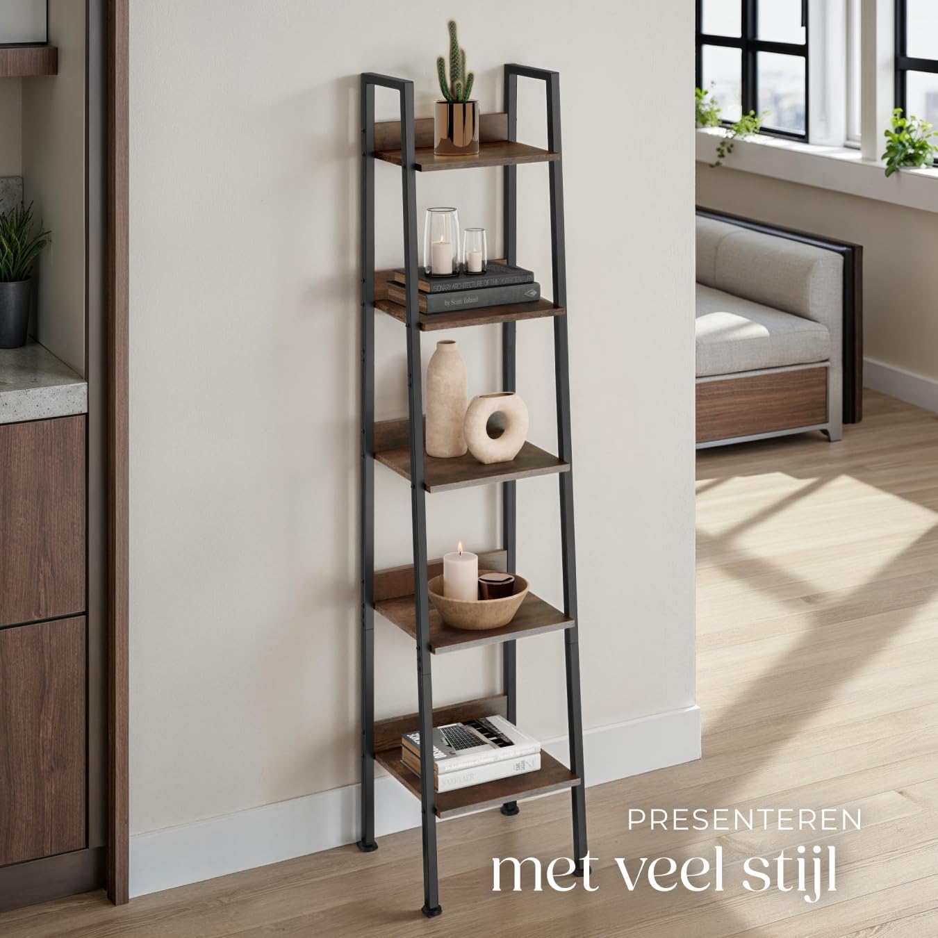 Detalle de tectake Ladderrek met 5 planken, donkerbruin en zwart staal, 170,5 cm hoog