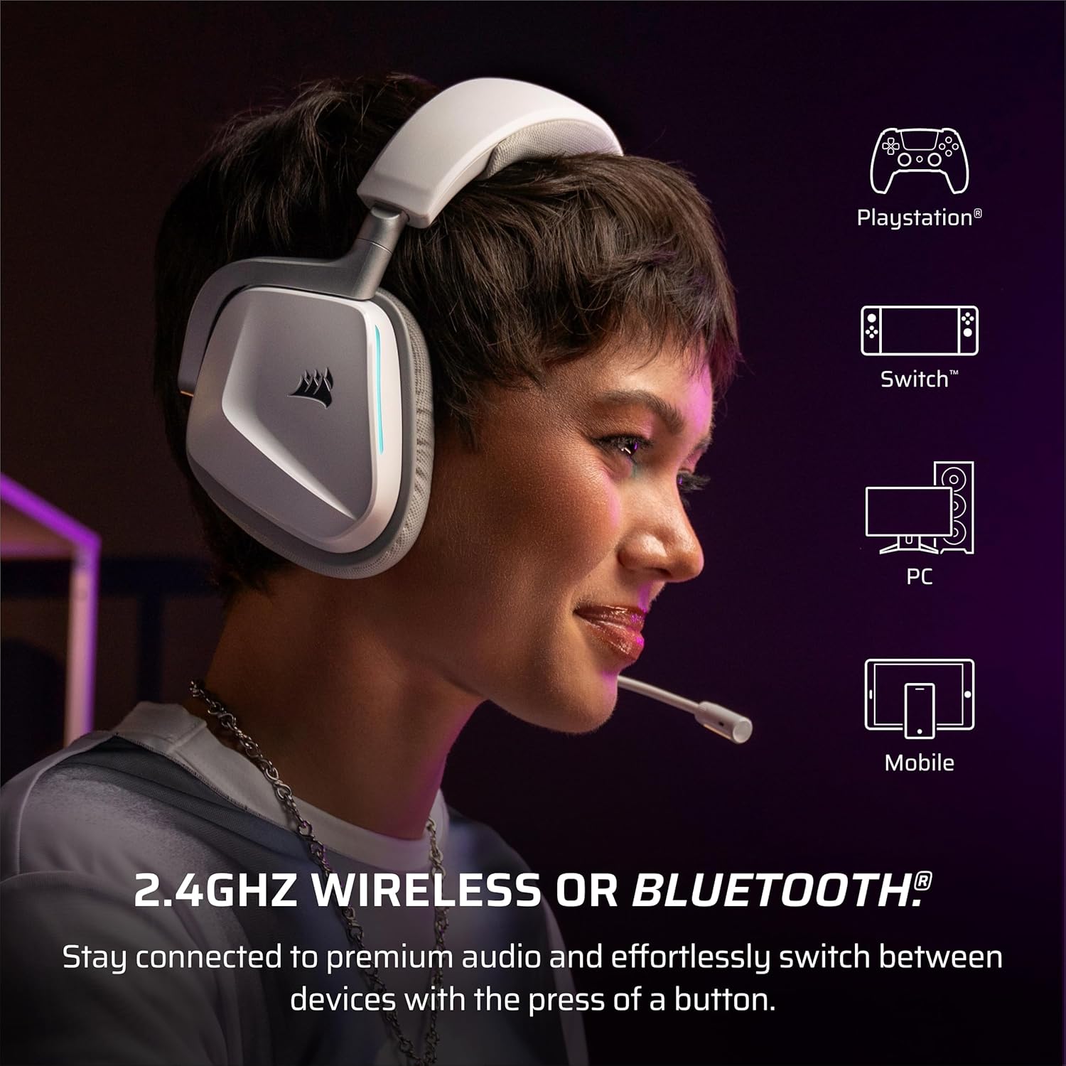 Detalle de Corsair Void v2 Wireless Gaming-Headset mit Bluetooth, Dolby Atmos und bis zu 70 Stunden Akkulaufzeit – Weiß