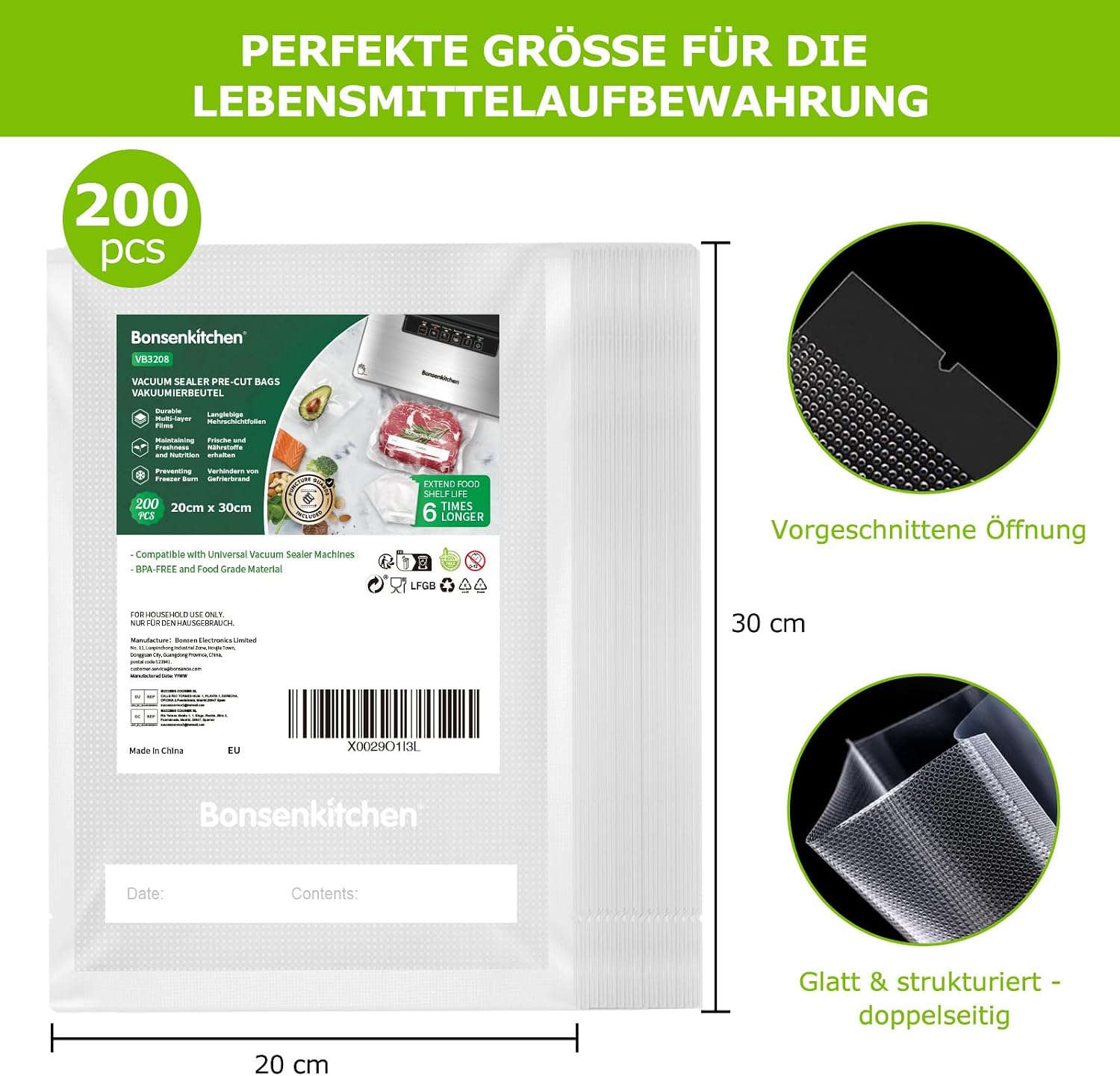 Detalle 2 de Bonsenkitchen Vakuumierbeutel 20x30 cm 200er Pack 🥩