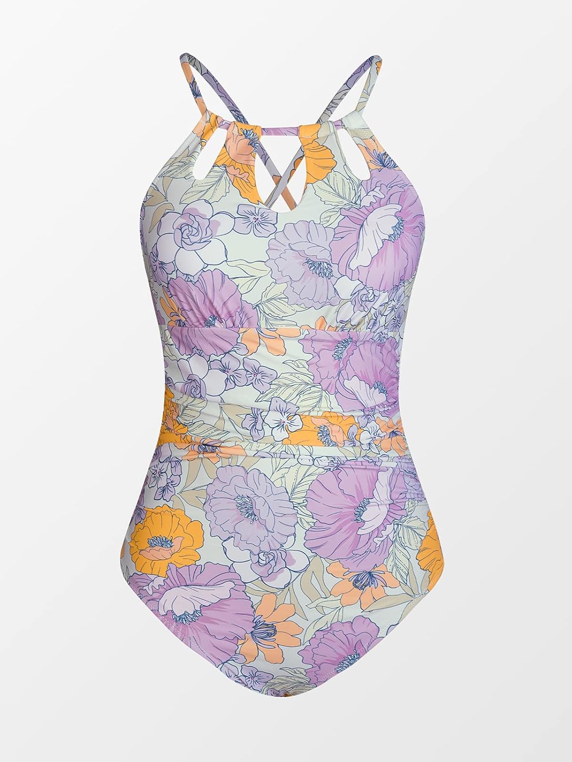 Detalle de CUPSHE Damen Badeanzug mit Bauchweg-Effekt, Hochhals-Design und Zierausschnitten – Blumenmuster