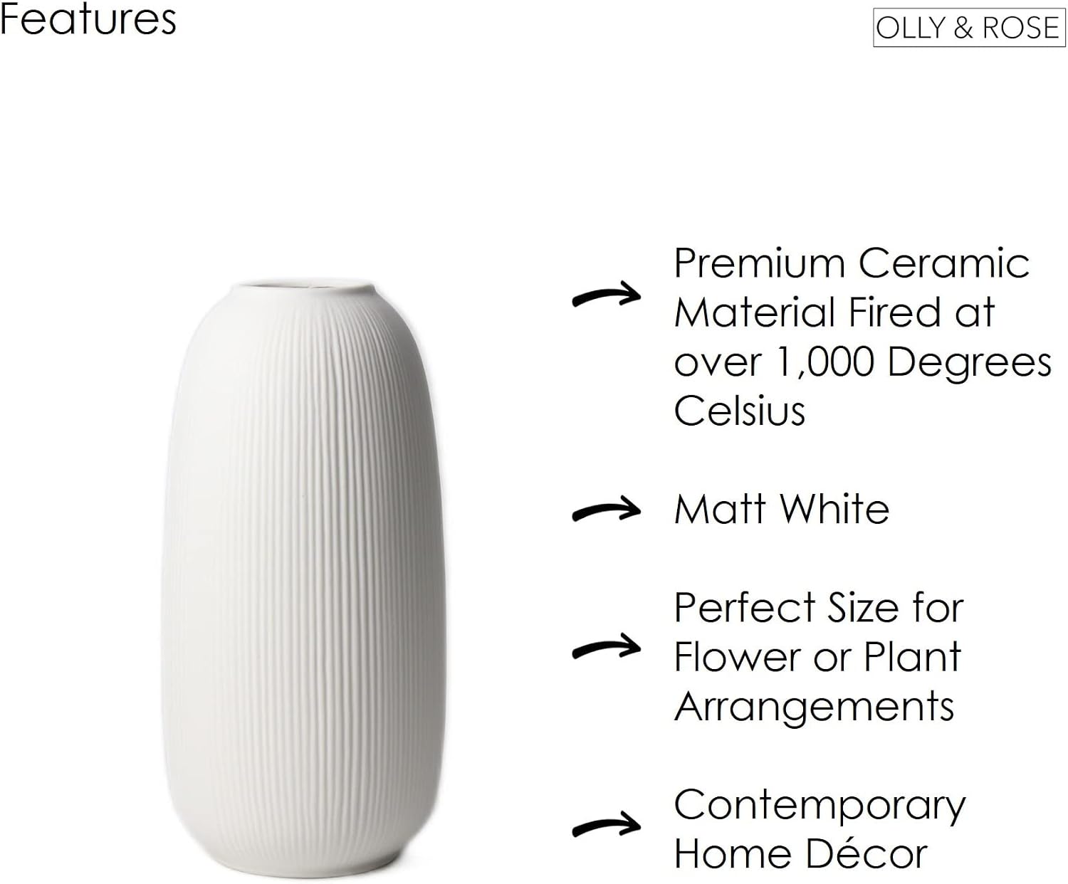 Detalle de Olly & Rose Large Portsea Lines Clay Vase – Handmade White Ceramic Studio Vase (25cm)